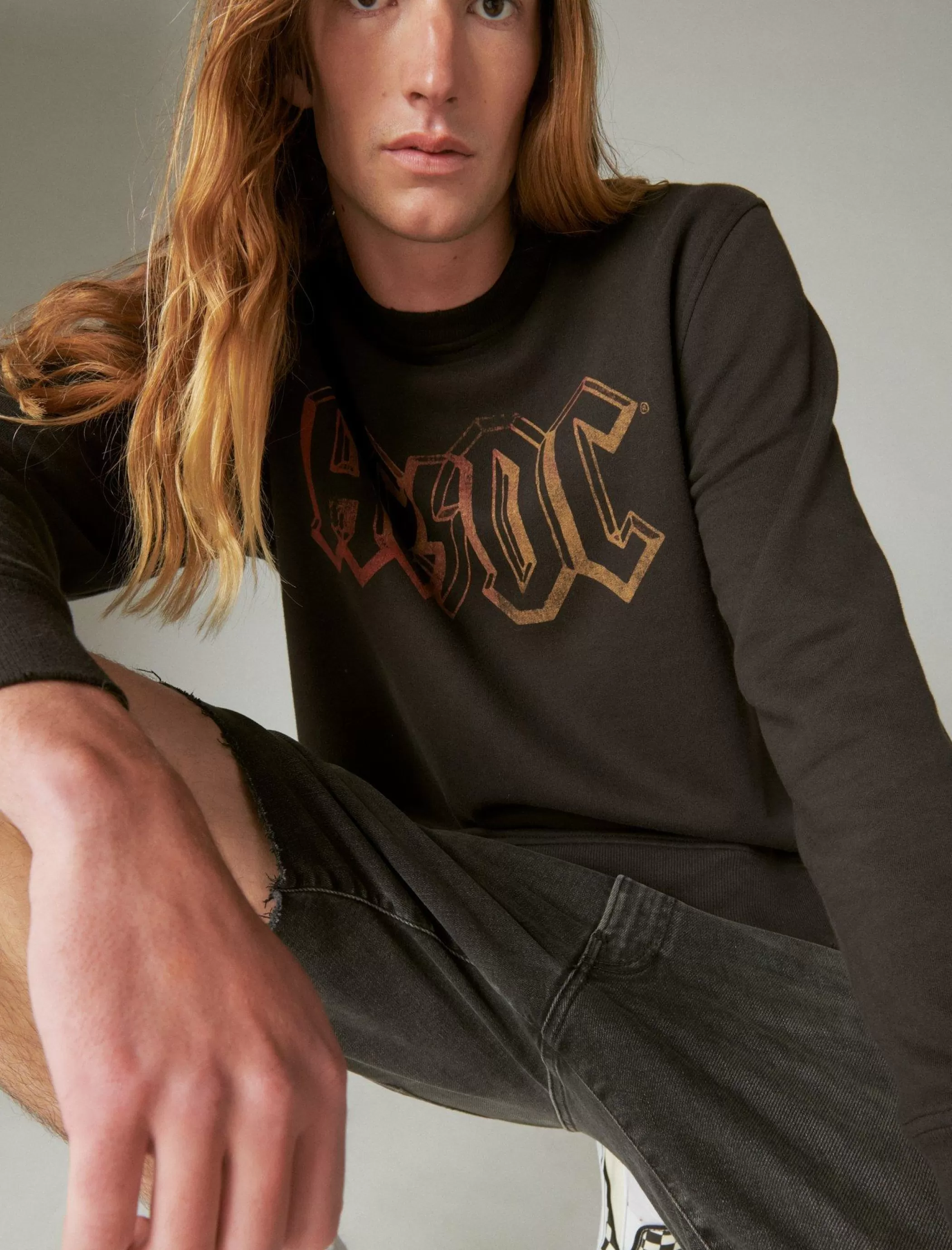 Lucky Brand Activewear*ac/dc oversized crew jet black