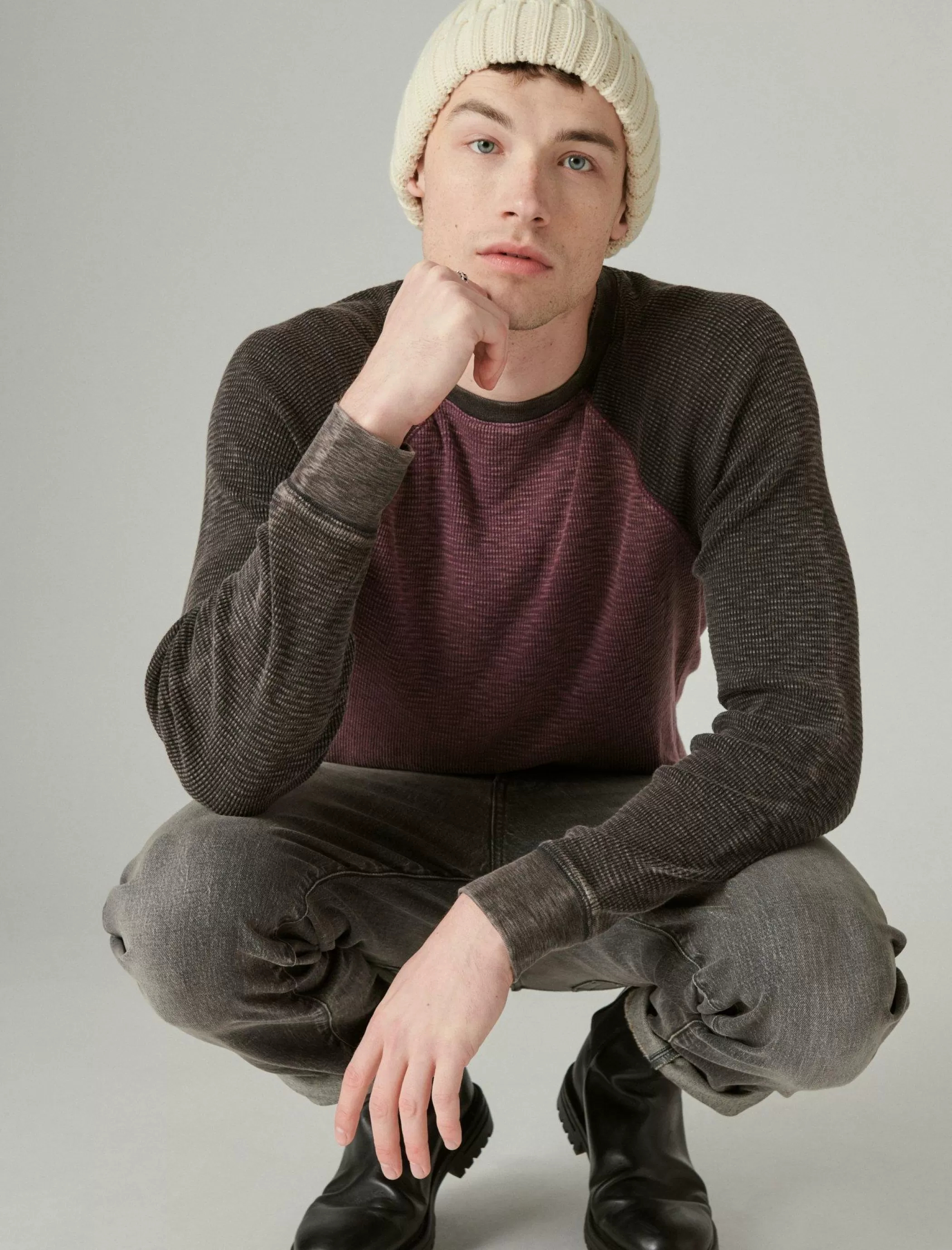 Lucky Brand Shirts & Tops*acid wash colorblock thermal crew burgundy multi