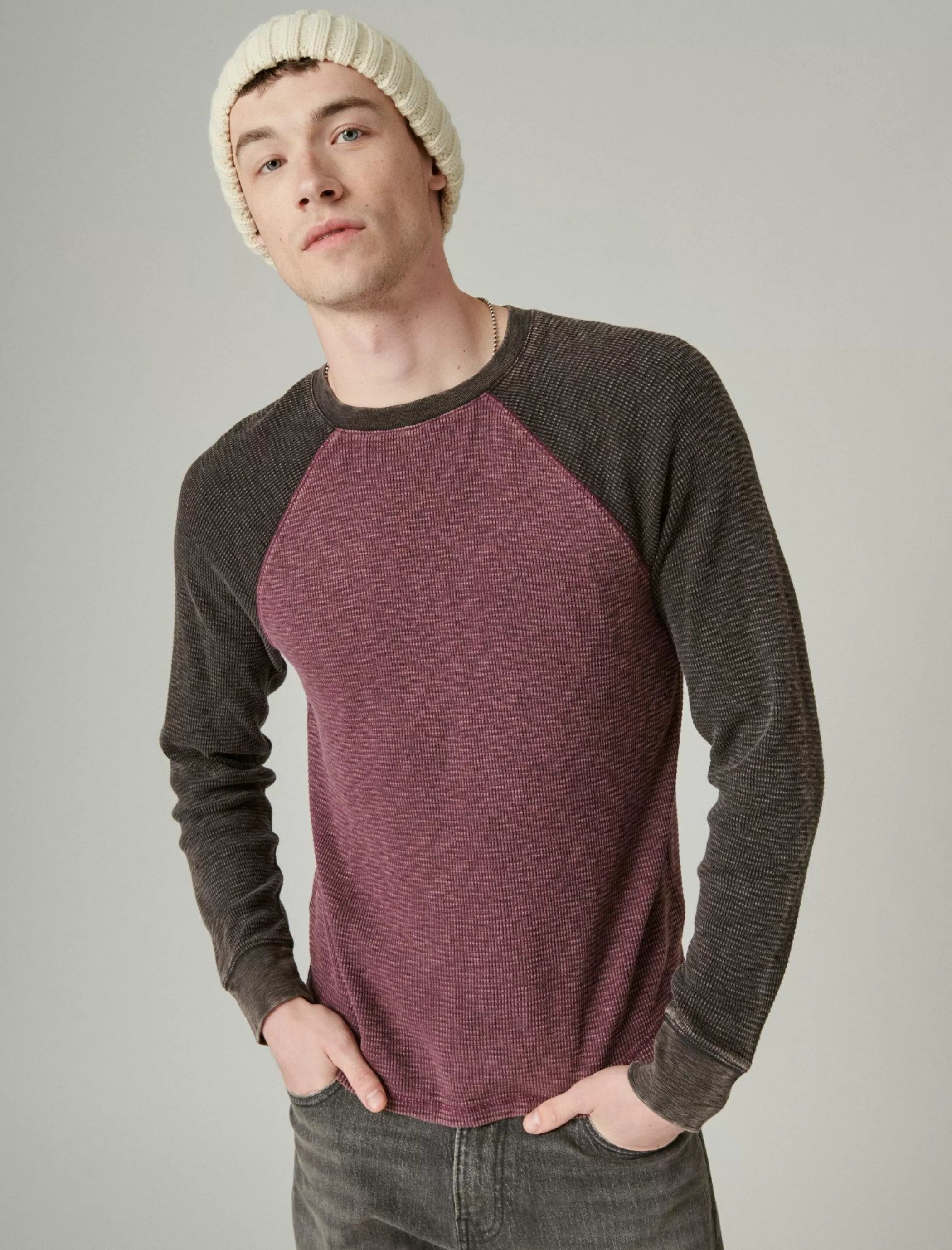 Lucky Brand Shirts & Tops*acid wash colorblock thermal crew burgundy multi