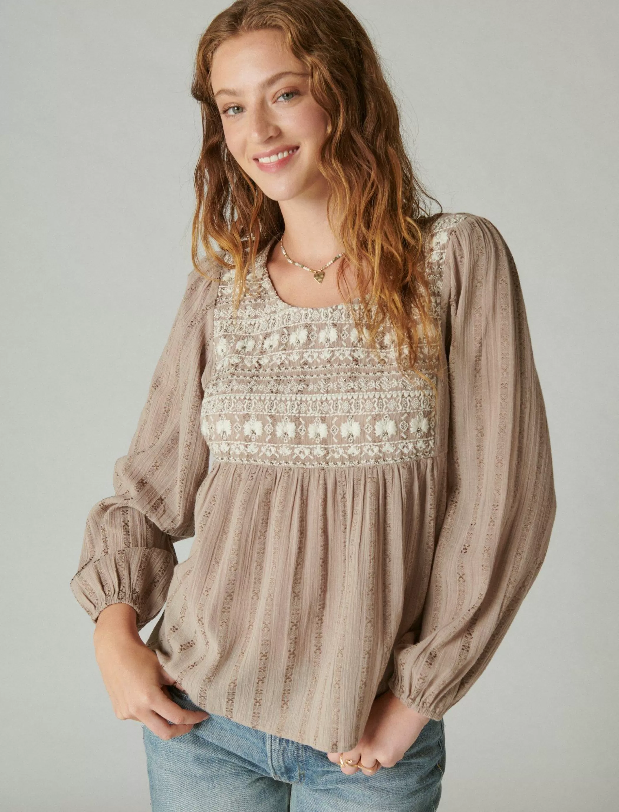 Lucky Brand Blouses*beaded embroidered peasant top silver