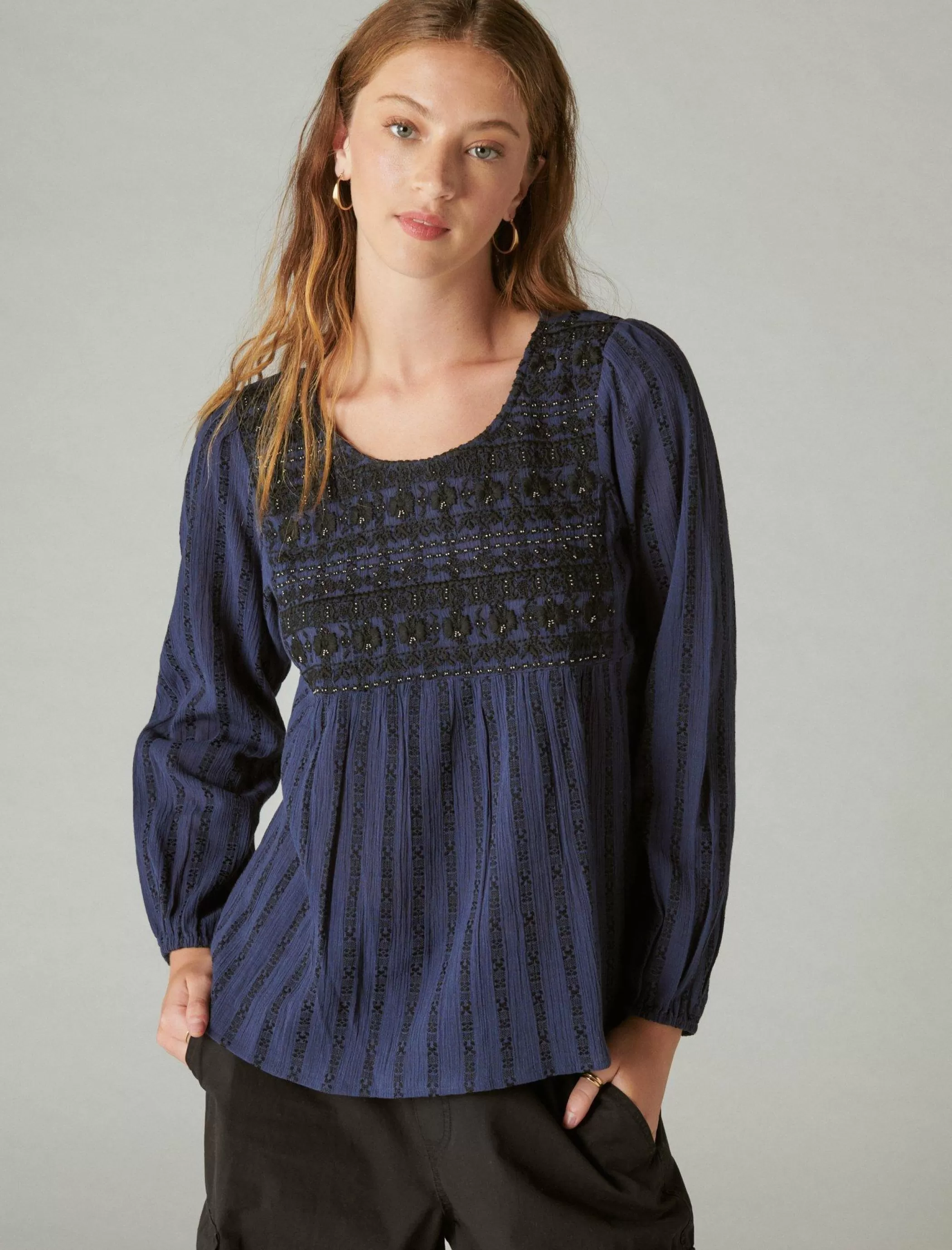 Lucky Brand Blouses*beaded embroidered peasant top navy