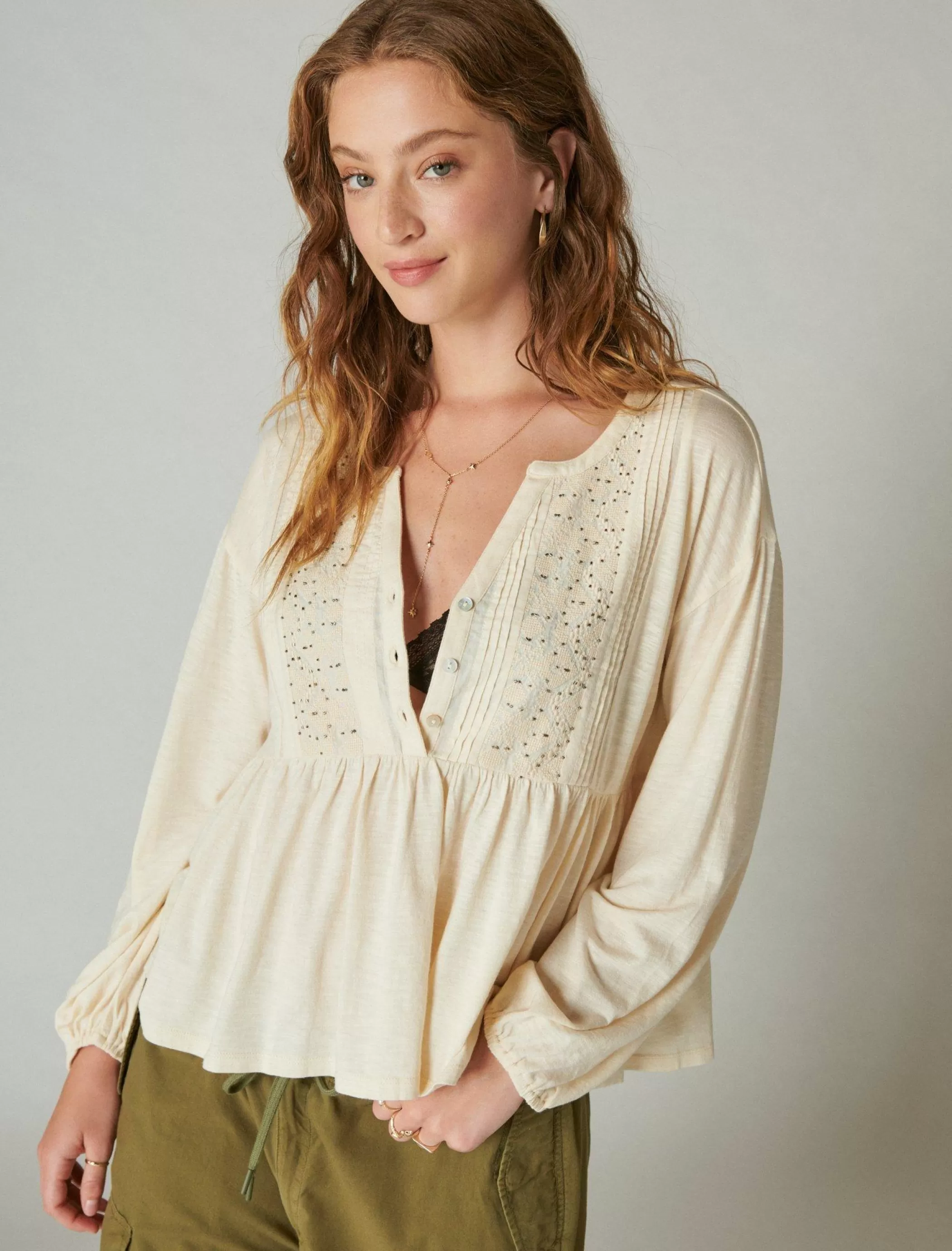 Lucky Brand Knit Tops | Blouses*beaded embroidered pintuck peplum top sand dollar