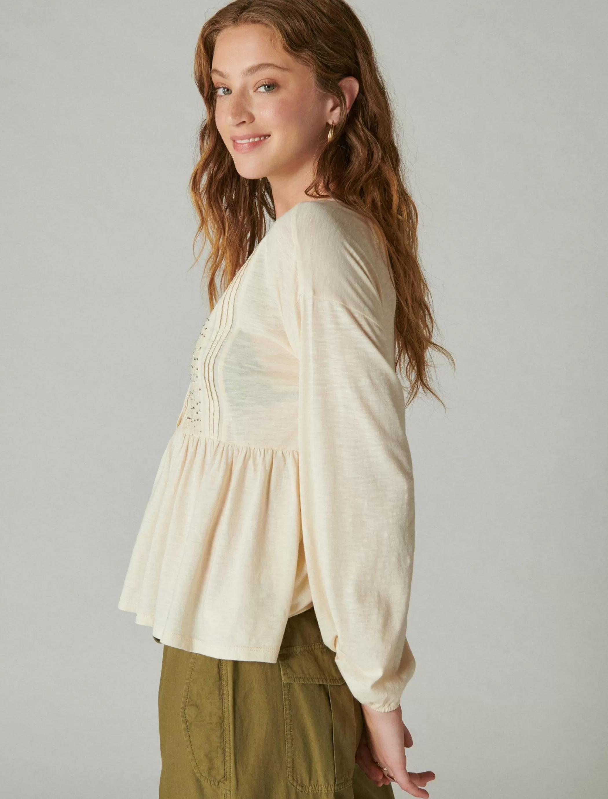 Lucky Brand Knit Tops | Blouses*beaded embroidered pintuck peplum top sand dollar