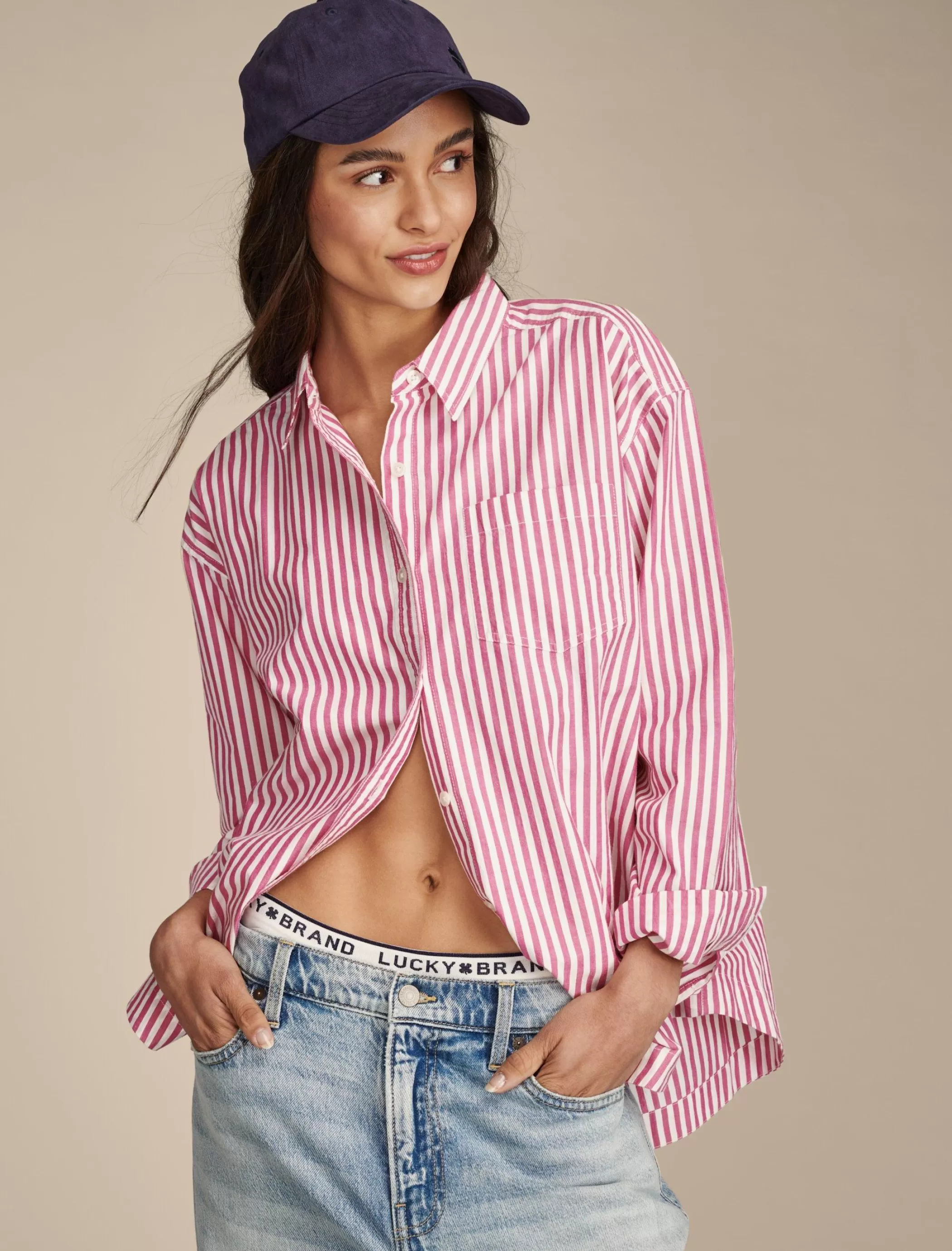 Lucky Brand Blouses*boyfriend prep shirt pink stripe