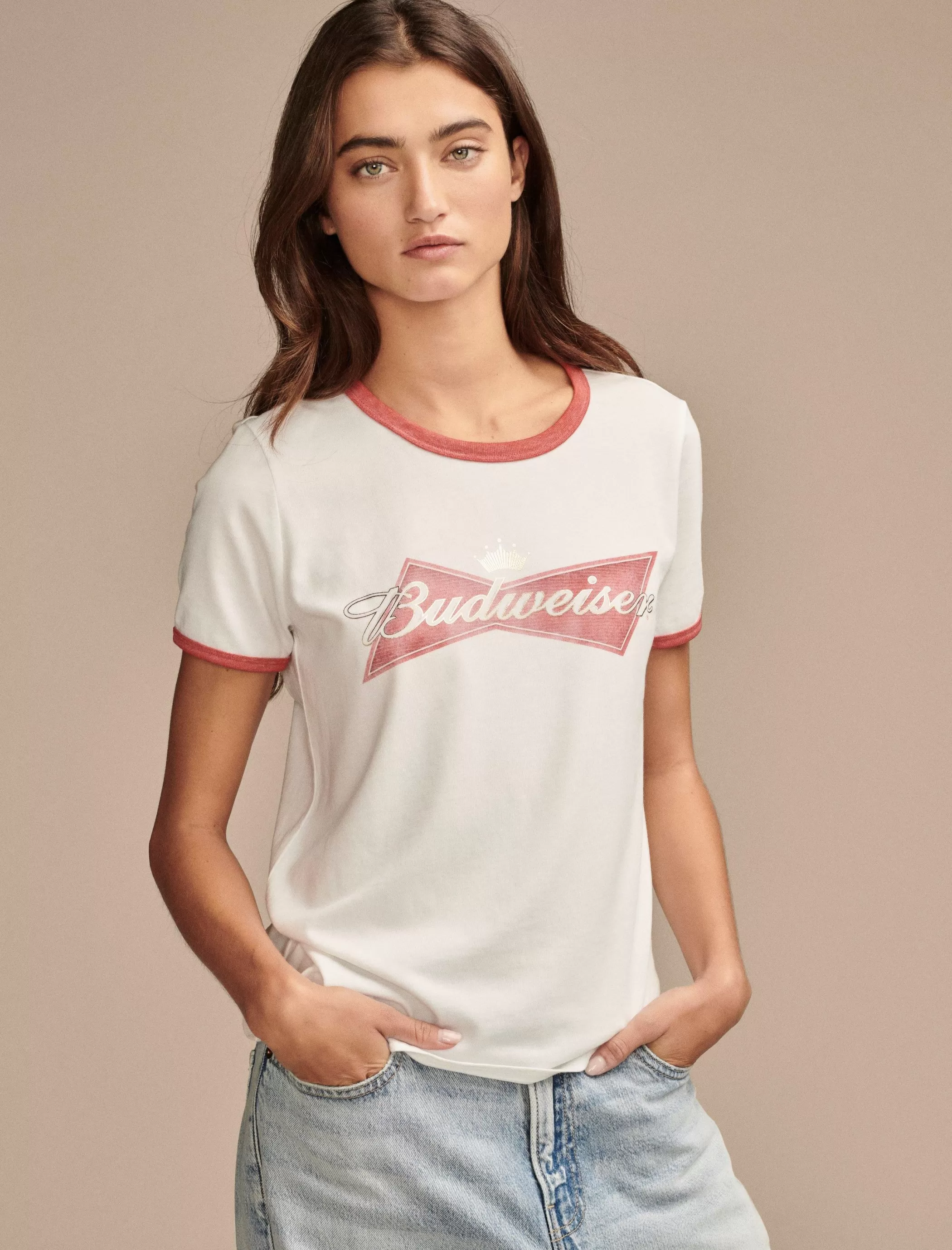 Lucky Brand Graphic Tees*budweiser ringer classic crew bright white