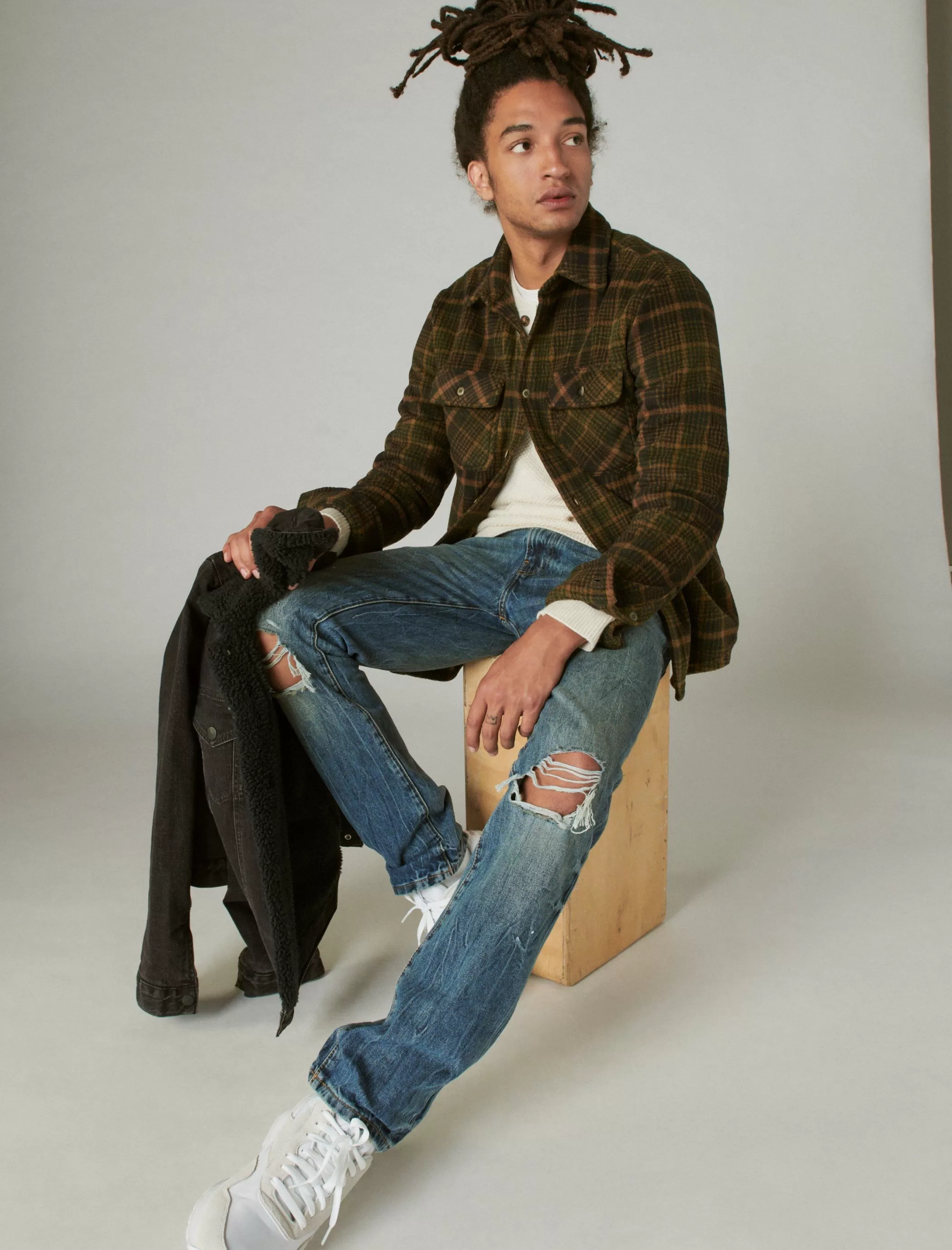 Lucky Brand Button-Downs*buffalo plaid knit shirting olive multi