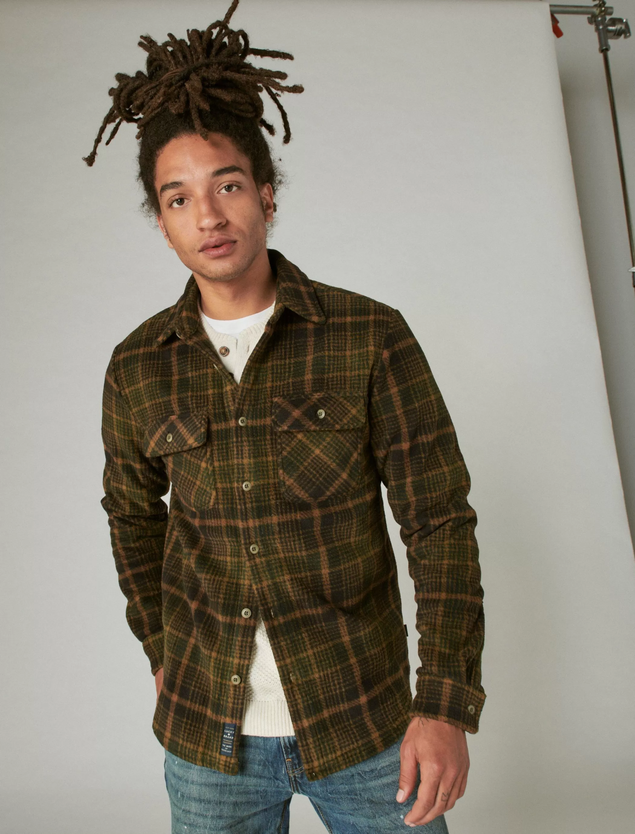 Lucky Brand Button-Downs*buffalo plaid knit shirting olive multi