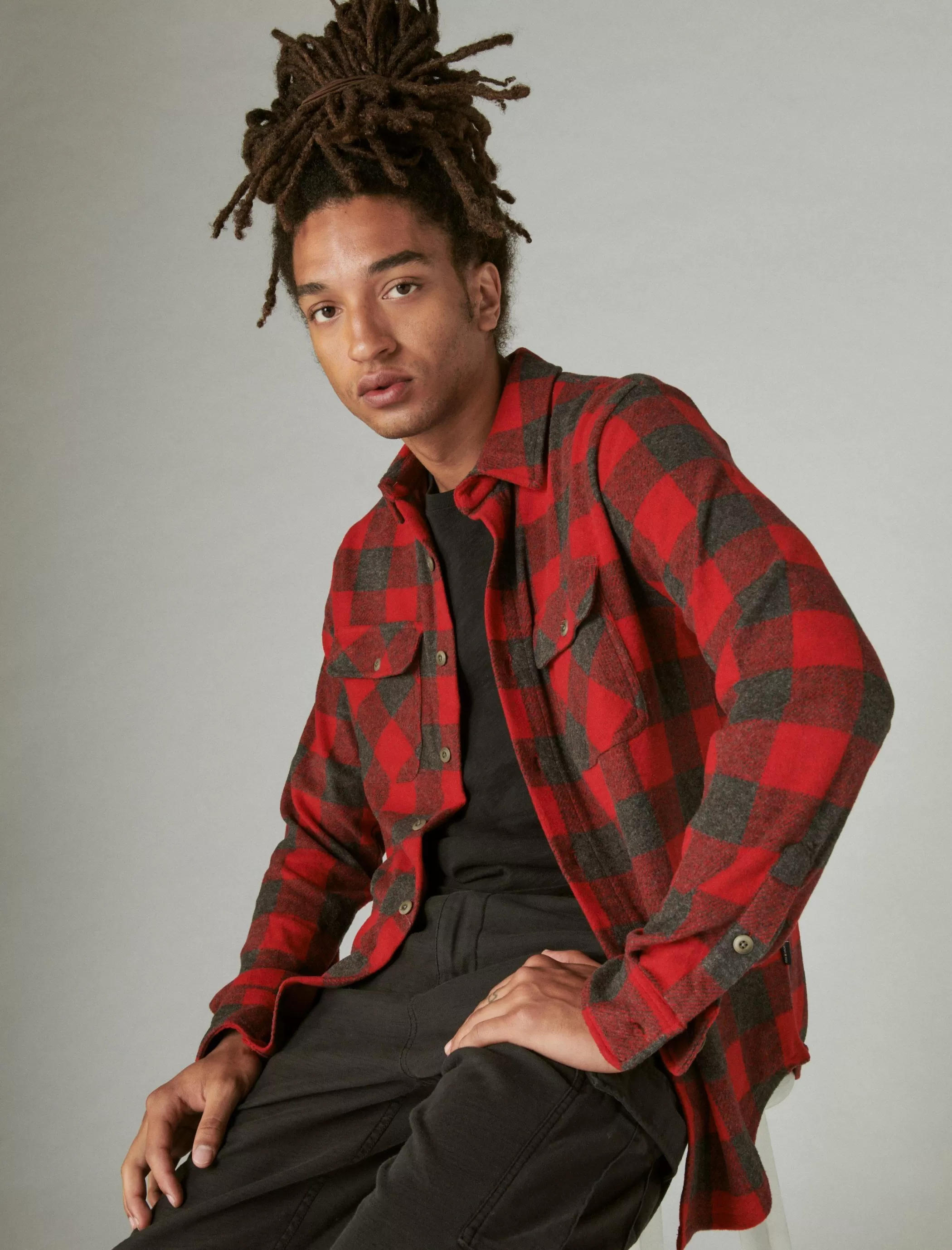 Lucky Brand Button-Downs*buffalo plaid knit shirting red multi