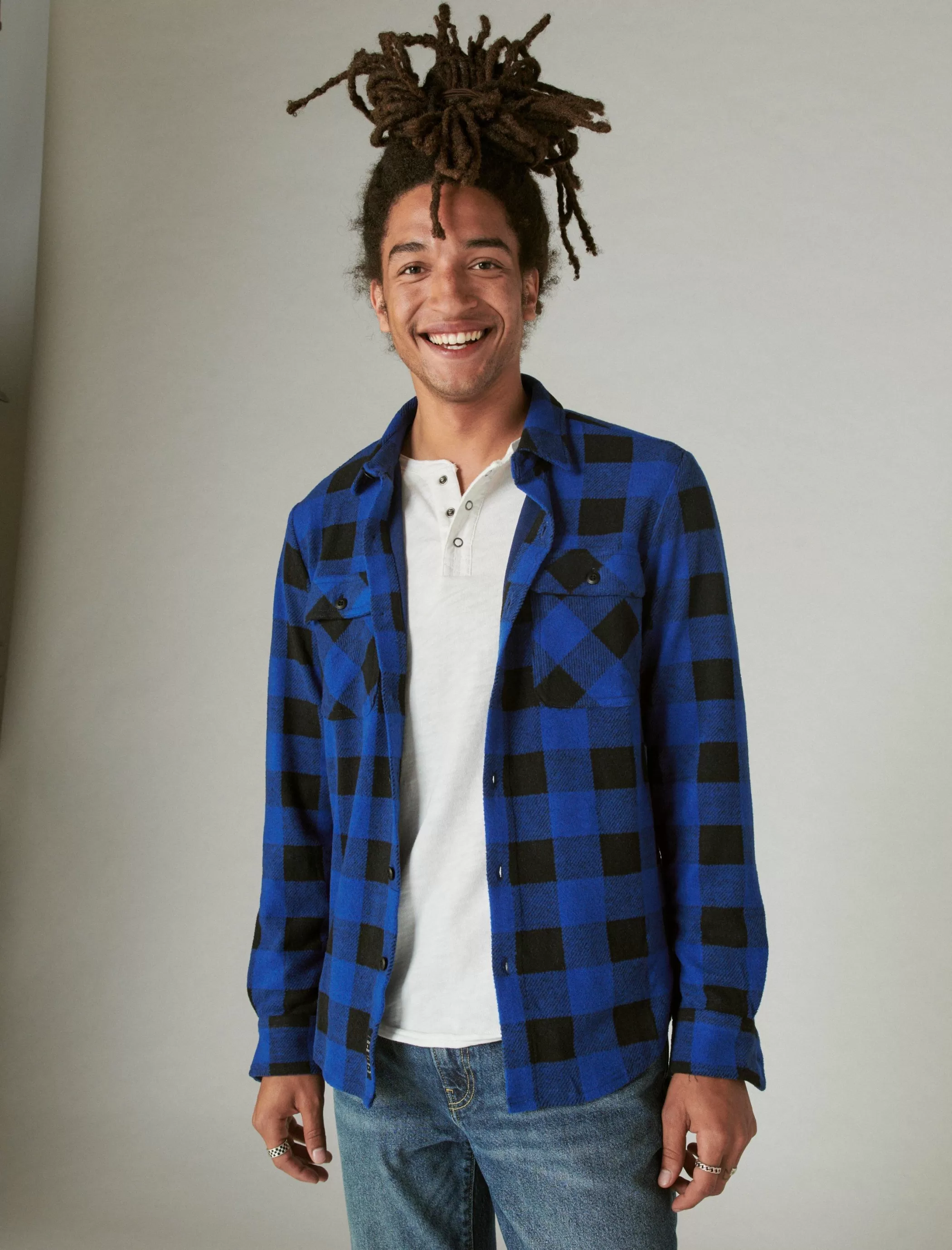 Lucky Brand Button-Downs*buffalo plaid knit shirting blue multi