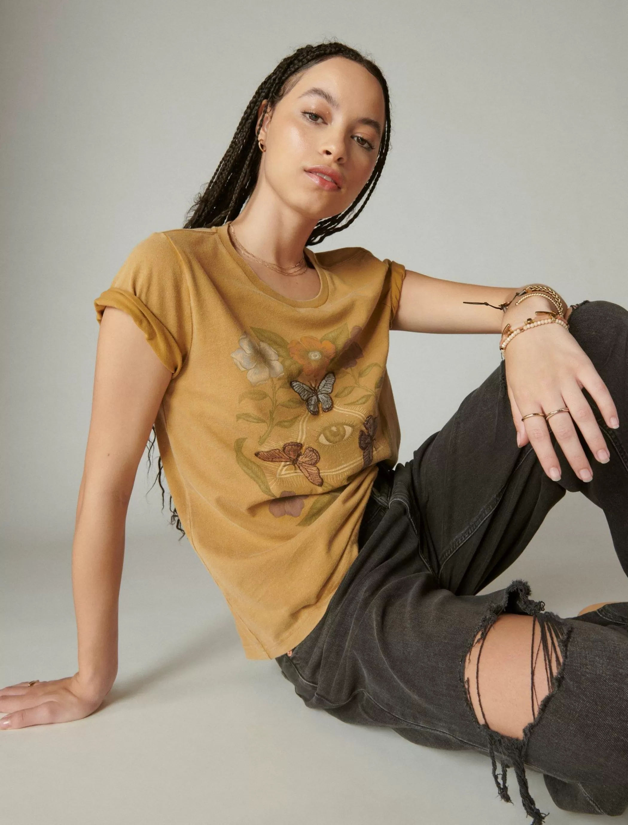 Lucky Brand Graphic Tees*butterfly garden classic crew honey mustard