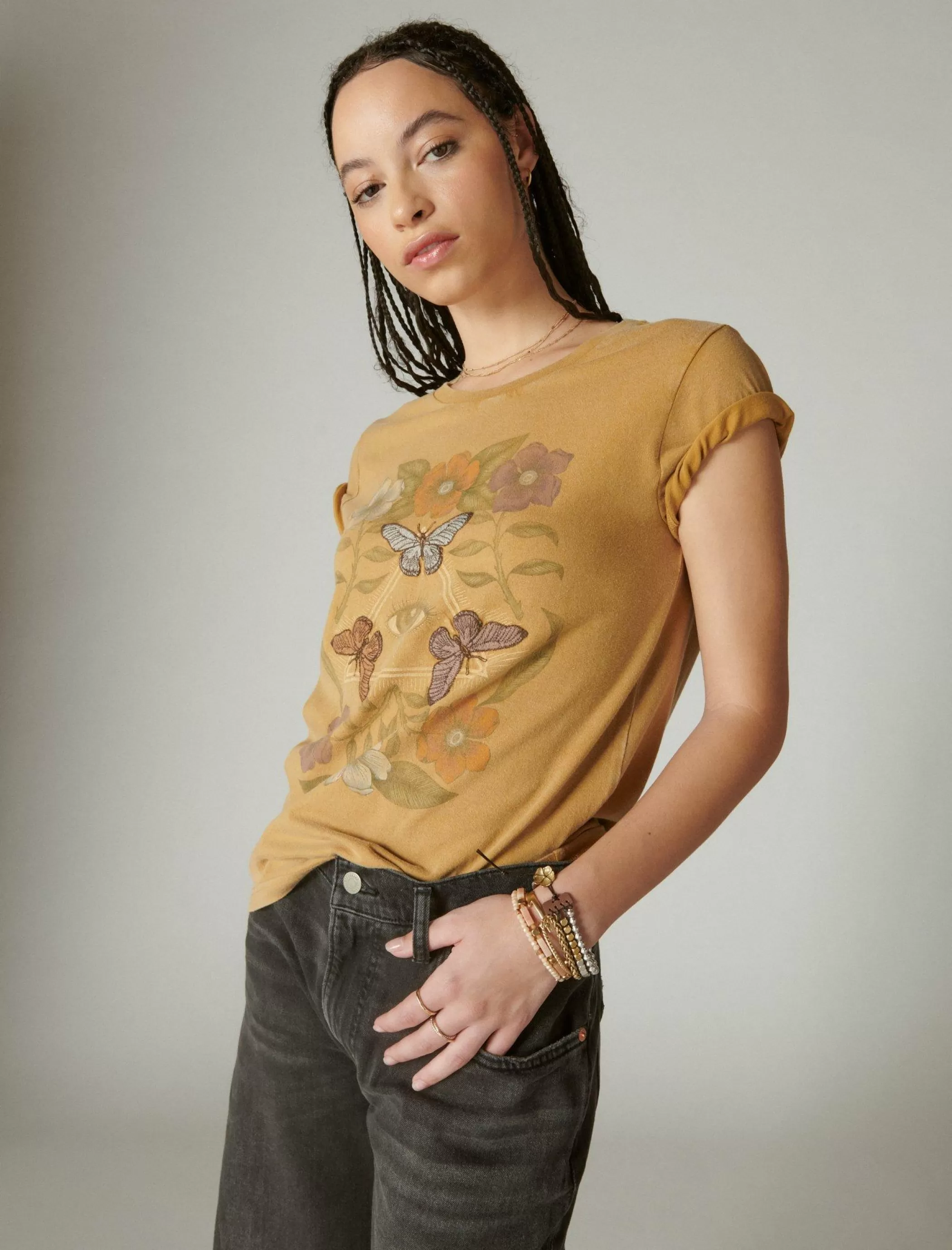 Lucky Brand Graphic Tees*butterfly garden classic crew honey mustard