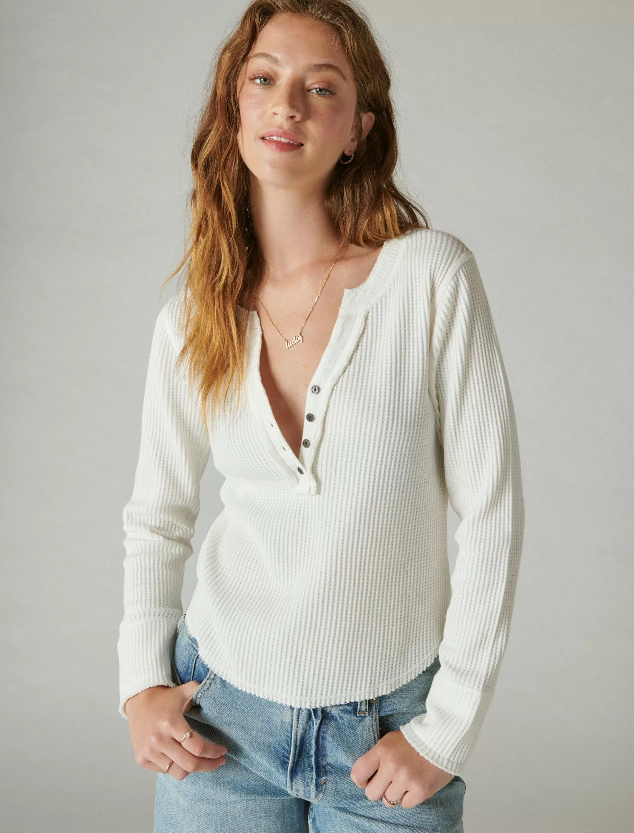 Lucky Brand Knit Tops*chunky cropped raw edge henley whisper white