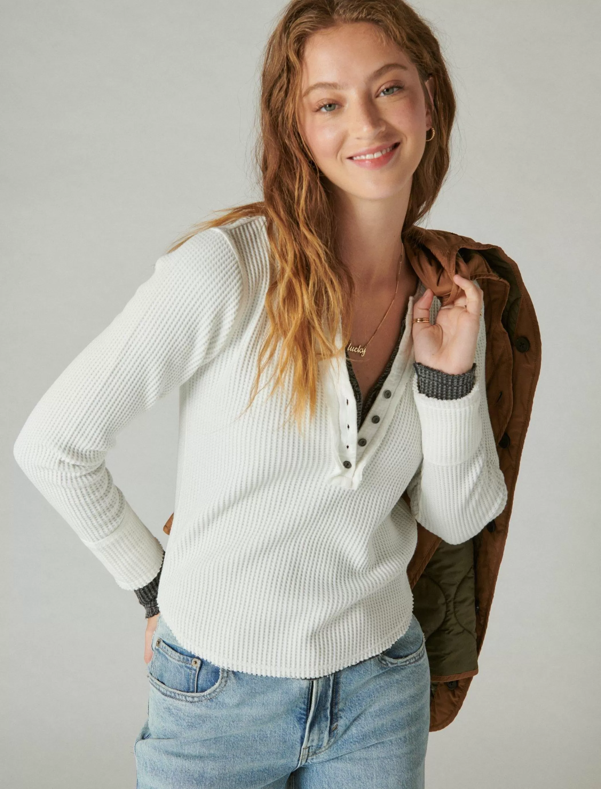 Lucky Brand Knit Tops*chunky cropped raw edge henley whisper white