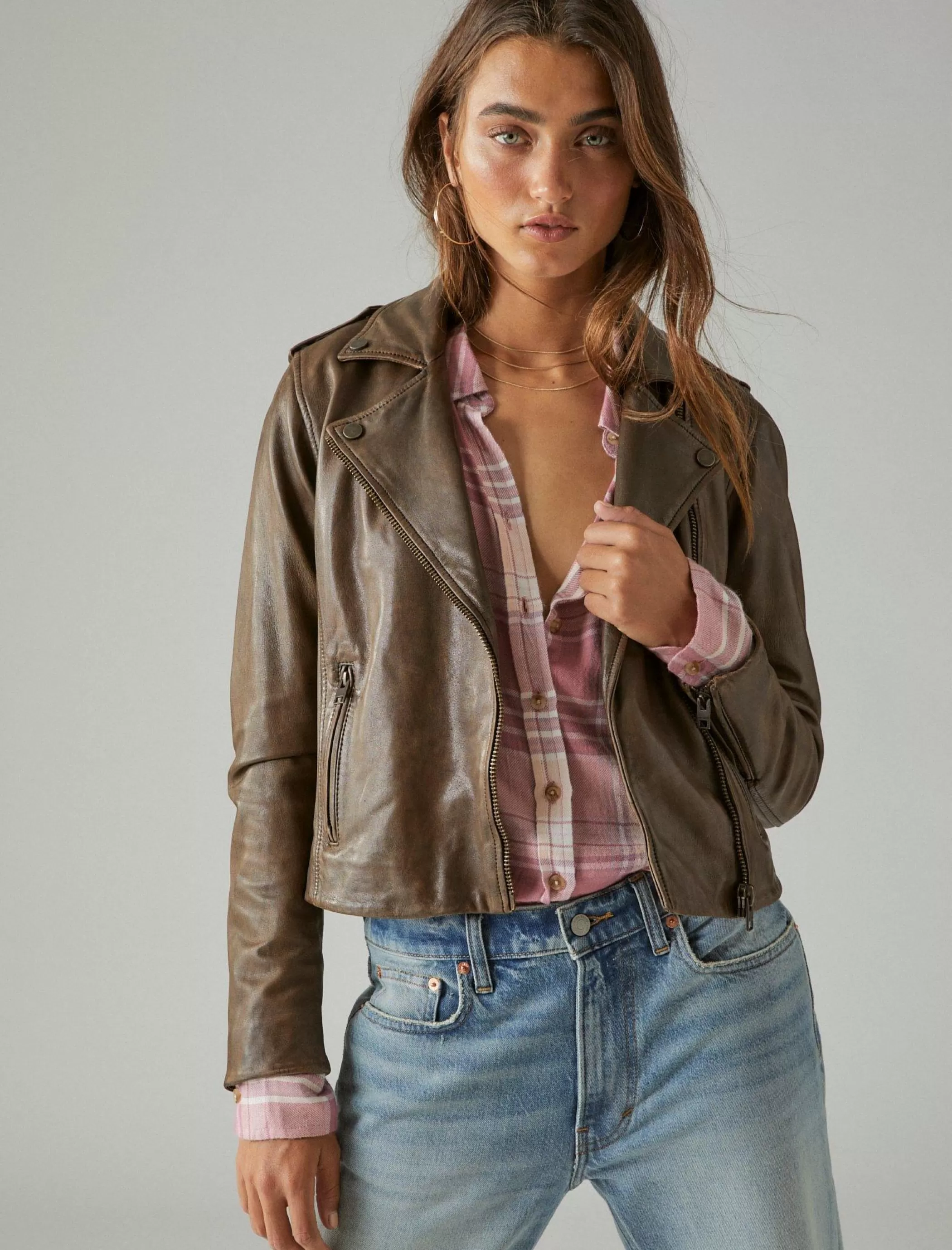 Lucky Brand Jackets & Outerwear*classic leather moto jacket brown beige