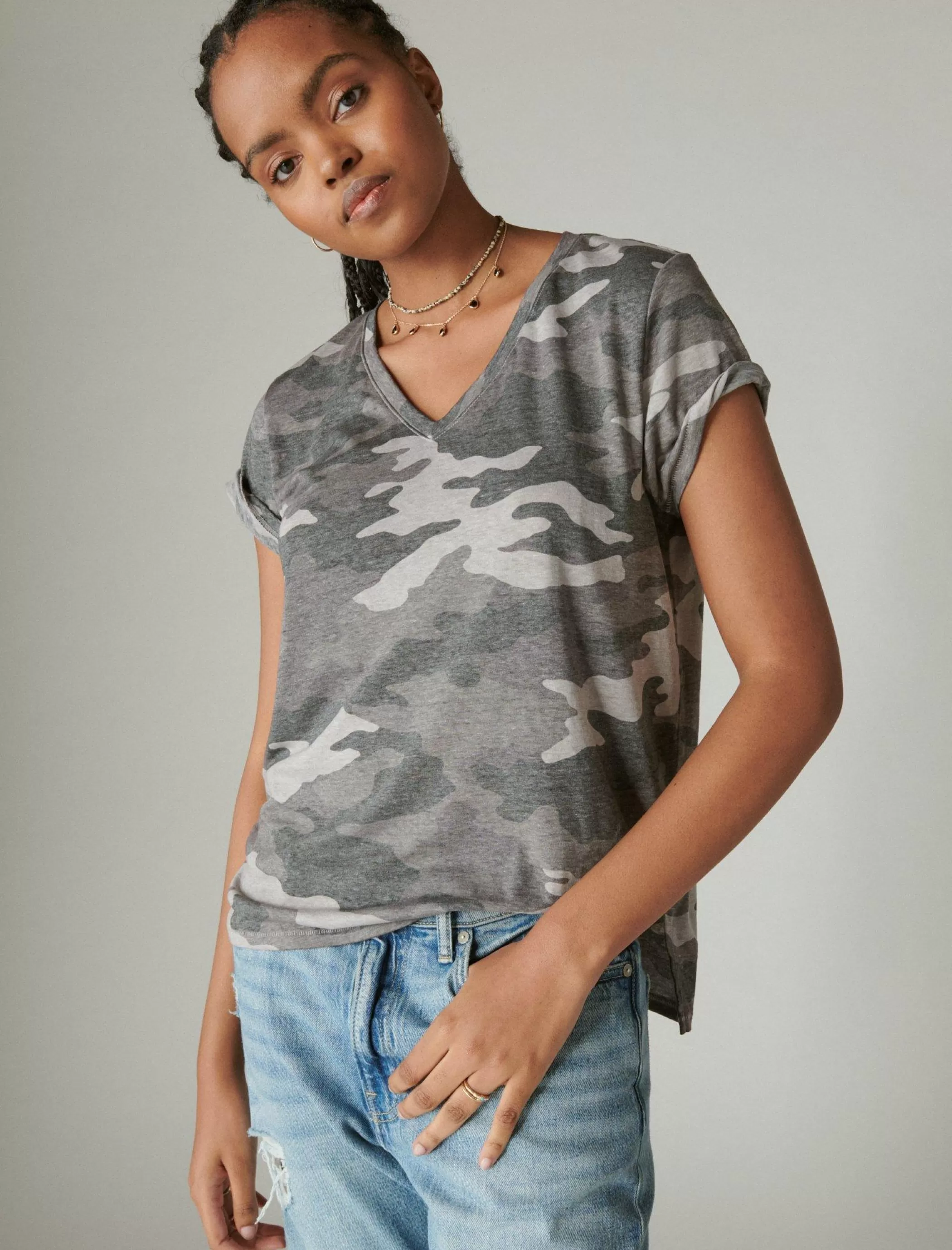 Lucky Brand Knit Tops*classic v-neck black camouflage