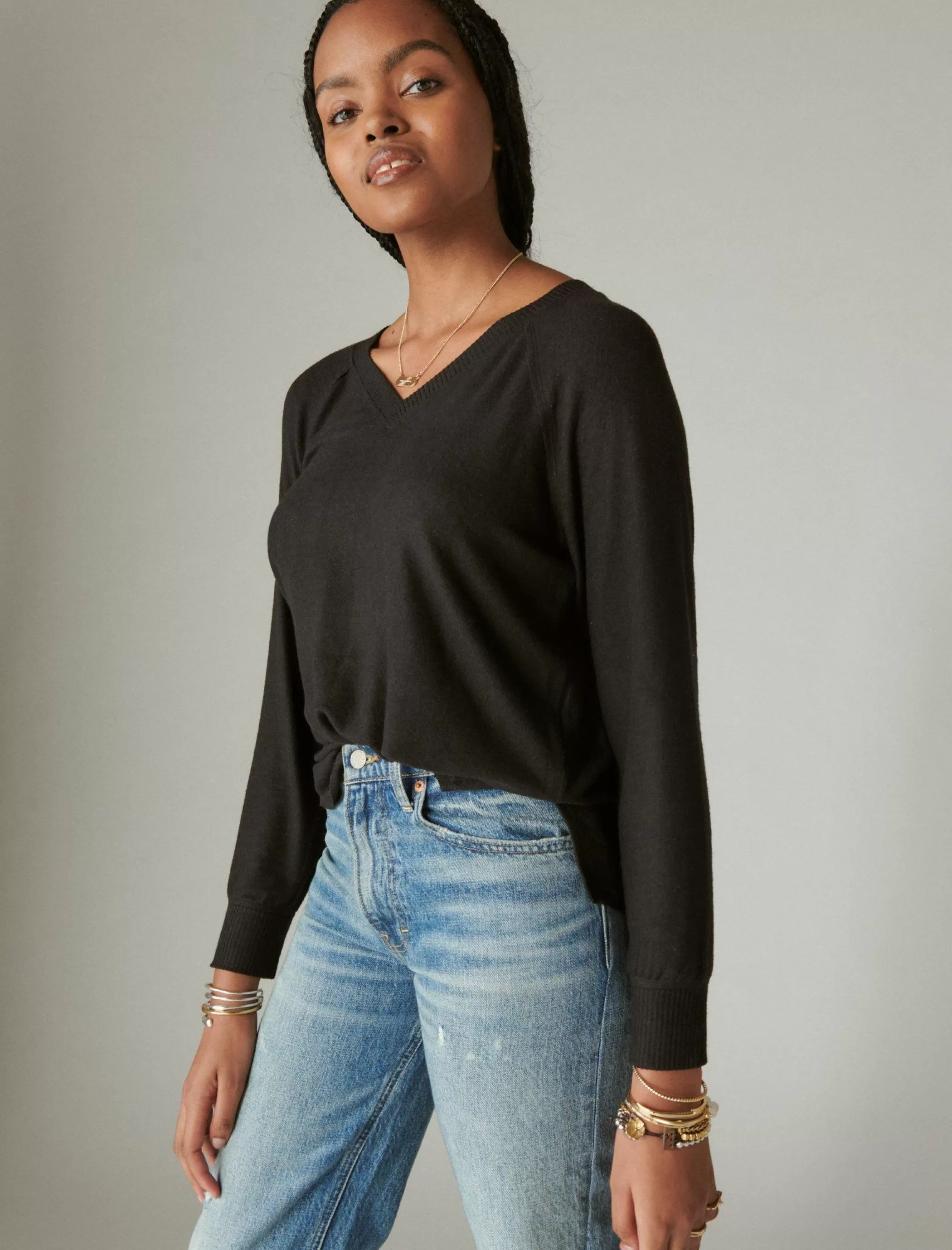 Lucky Brand Activewear*cloud jersey long sleeve v neck jet black