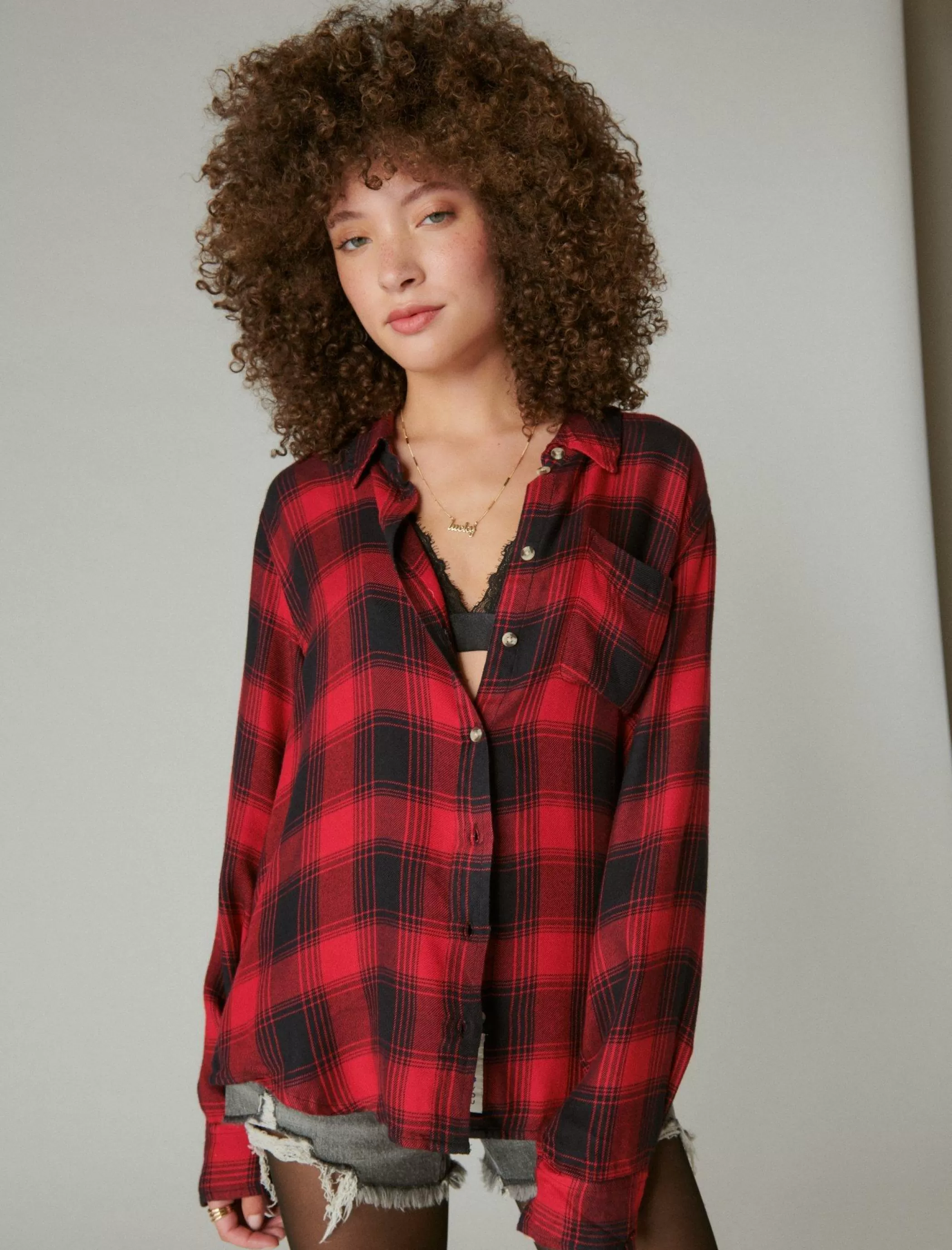 Lucky Brand Blouses*cloud plaid boyfriend flannel shirt red black plaid