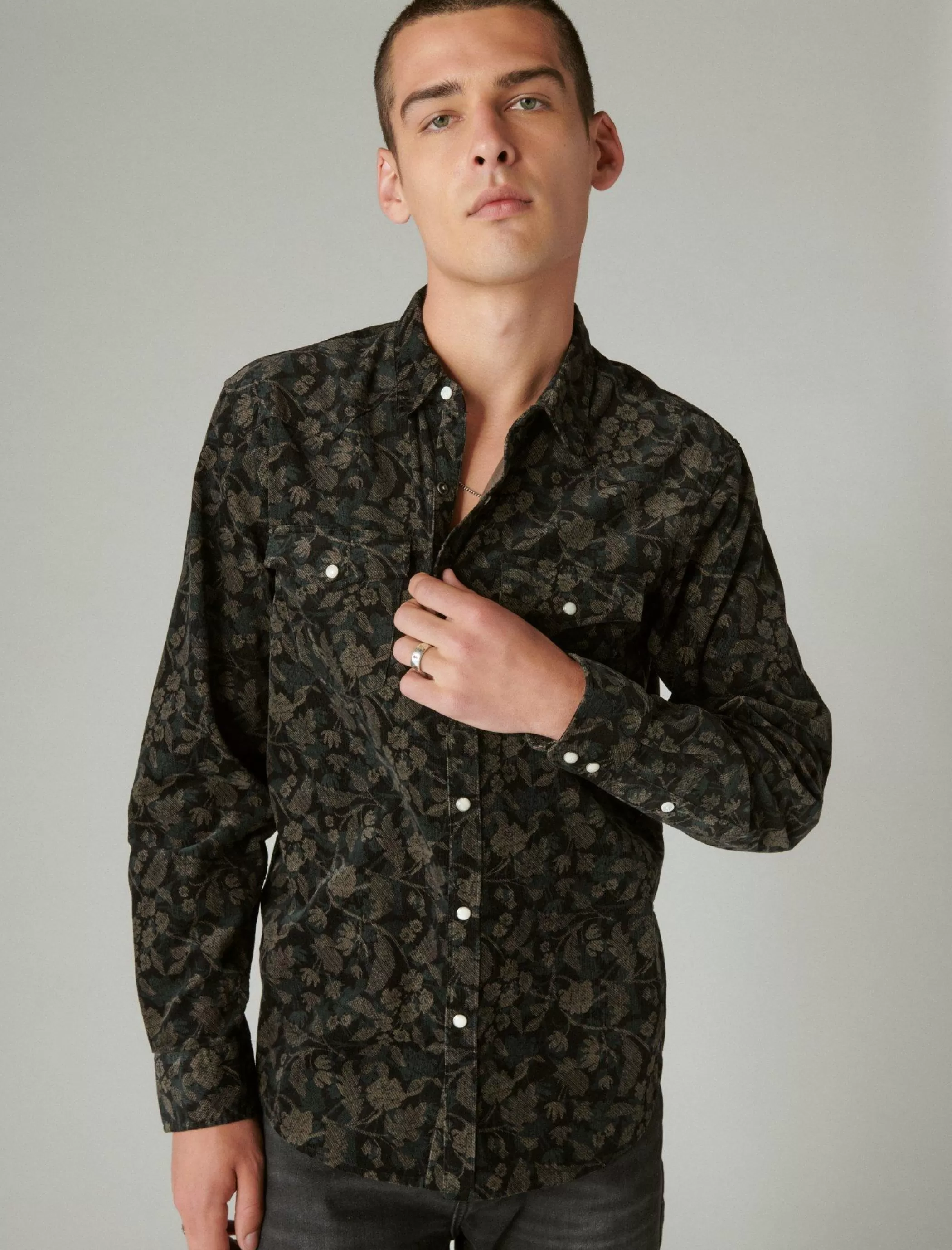 Lucky Brand Button-Downs*corduroy printed western long sleeve shirt black multi