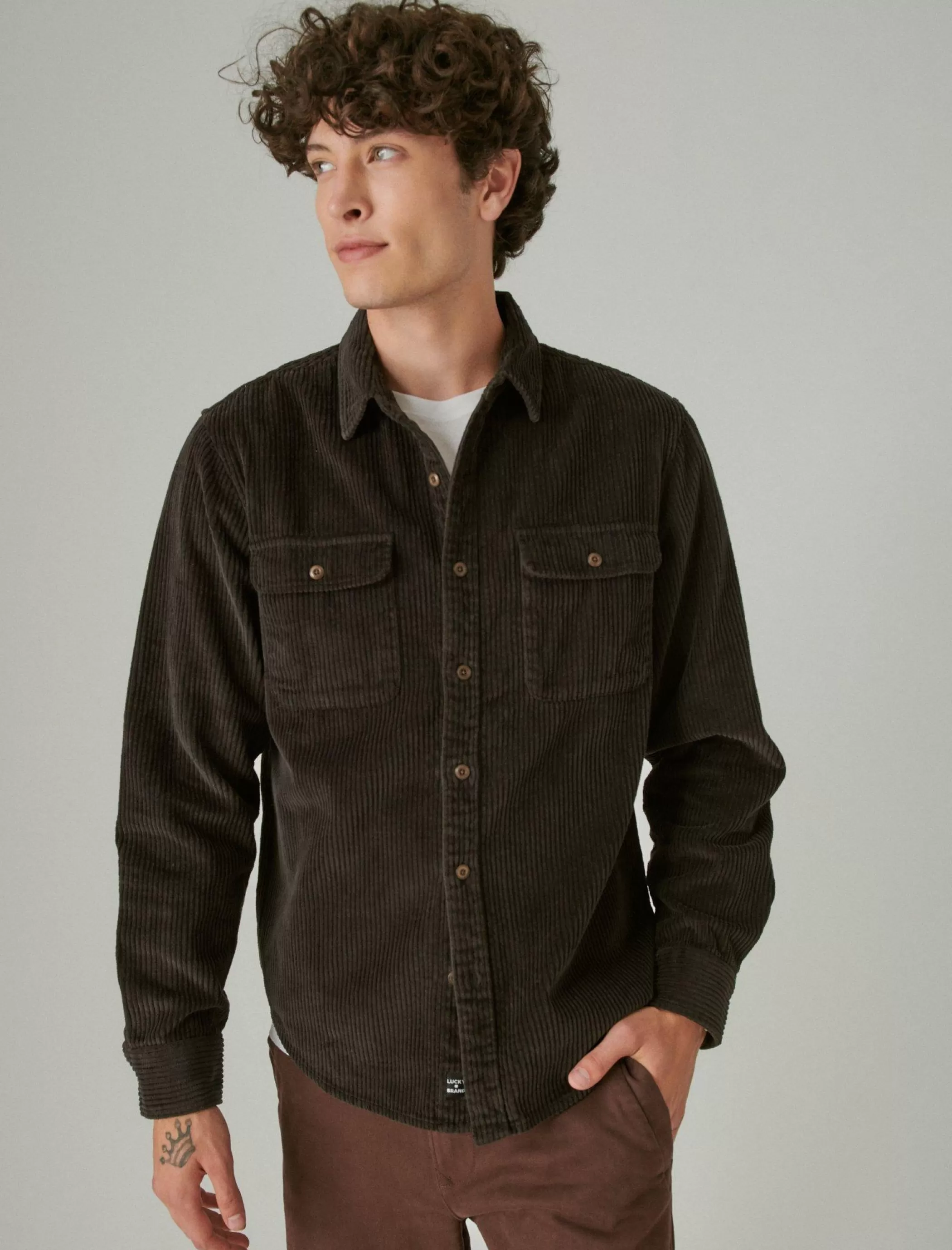 Lucky Brand Button-Downs*corduroy utility long sleeve shirt raven