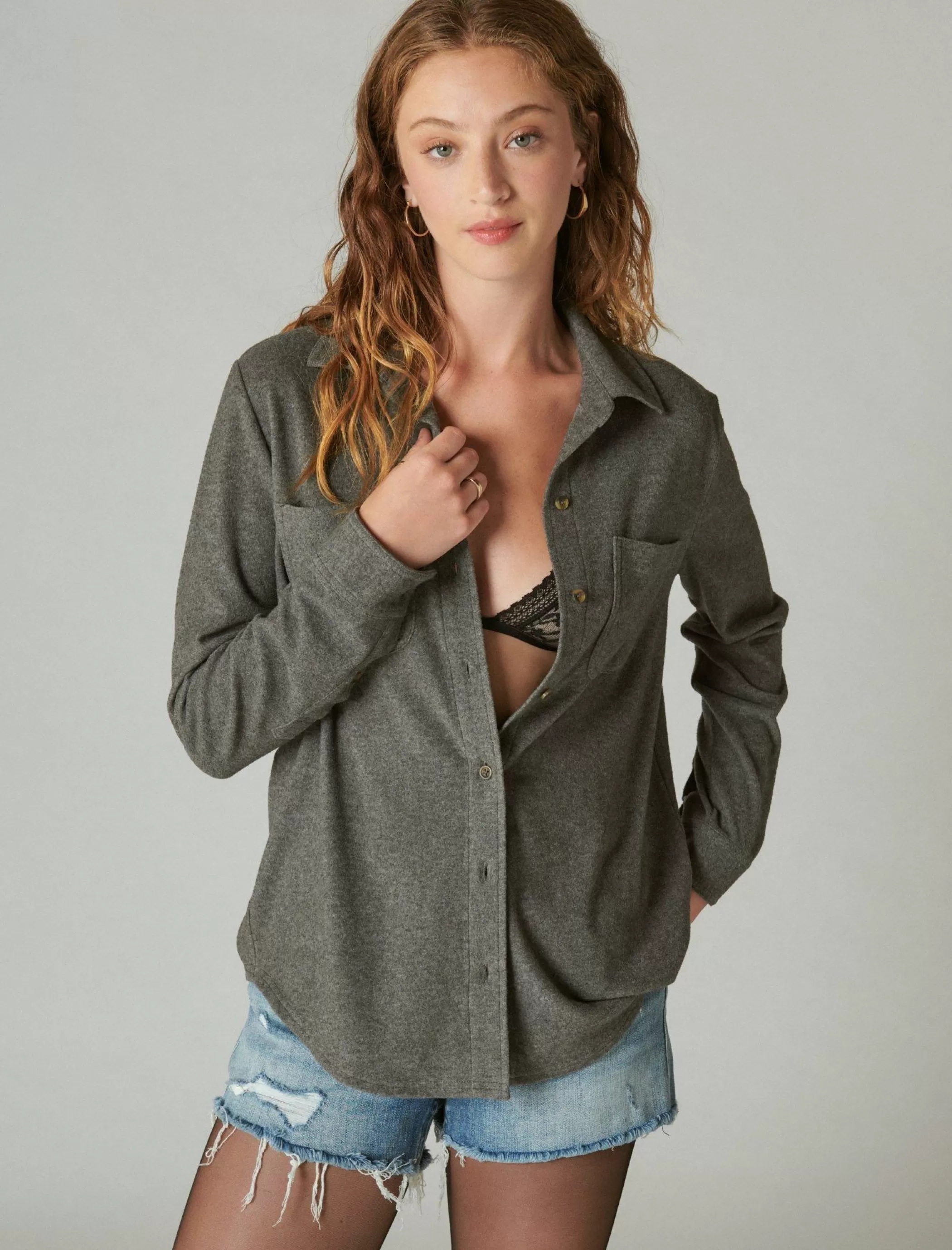 Lucky Brand Blouses*cozy knit shirt jacket charcoal heather