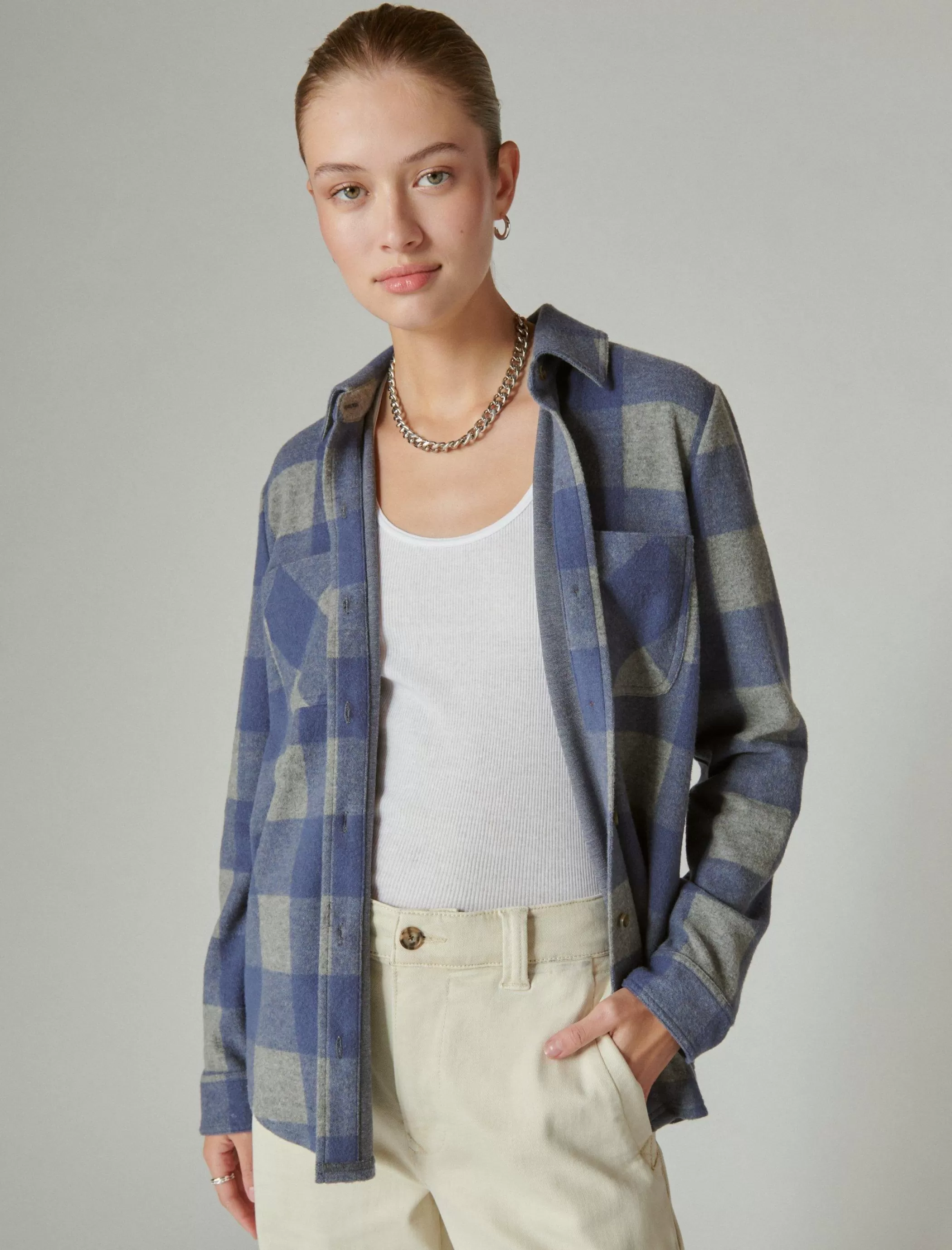 Lucky Brand Blouses*cozy plaid knit shirt jacket navy grey plaid