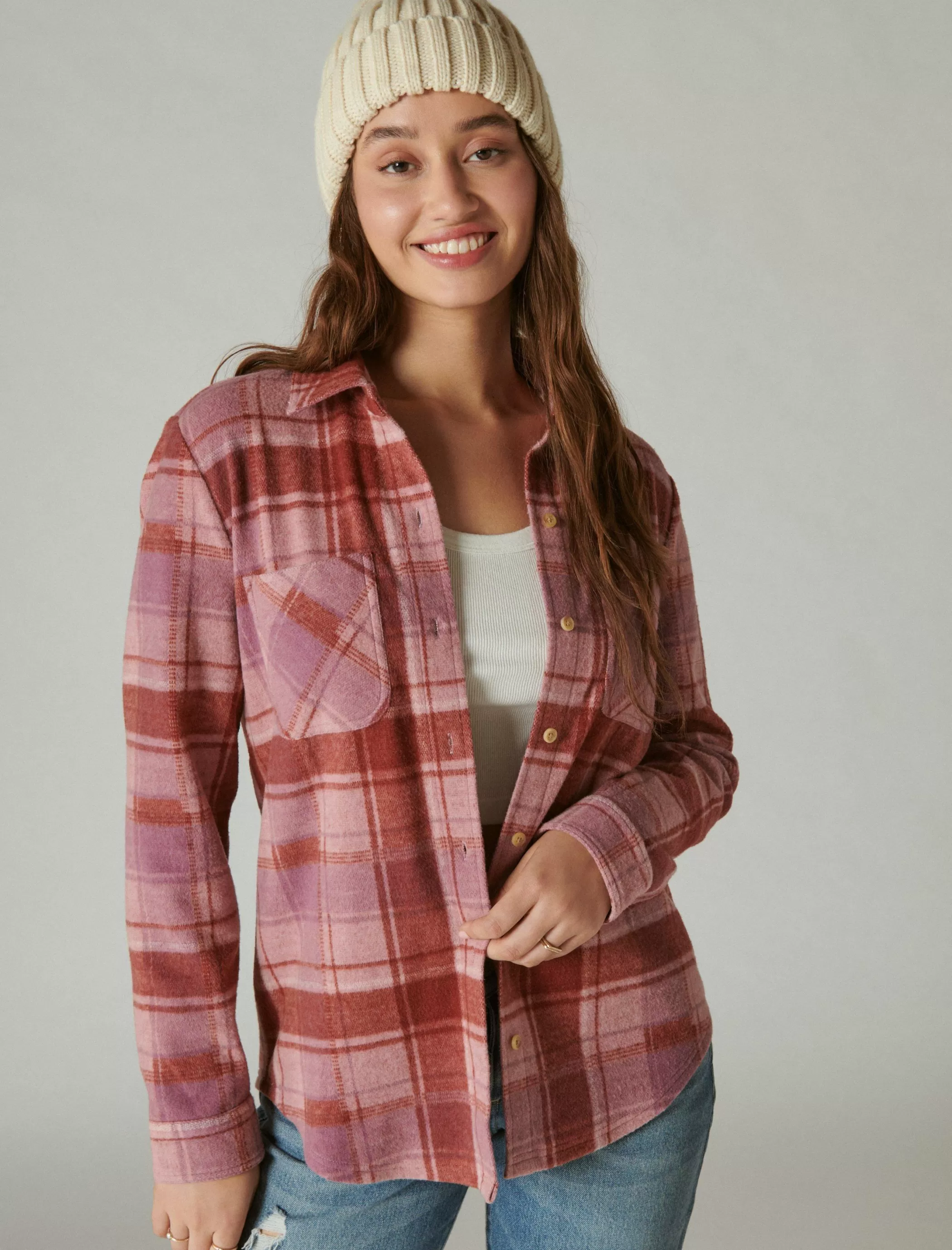 Lucky Brand Blouses*cozy plaid knit shirt jacket lilas pink plaid