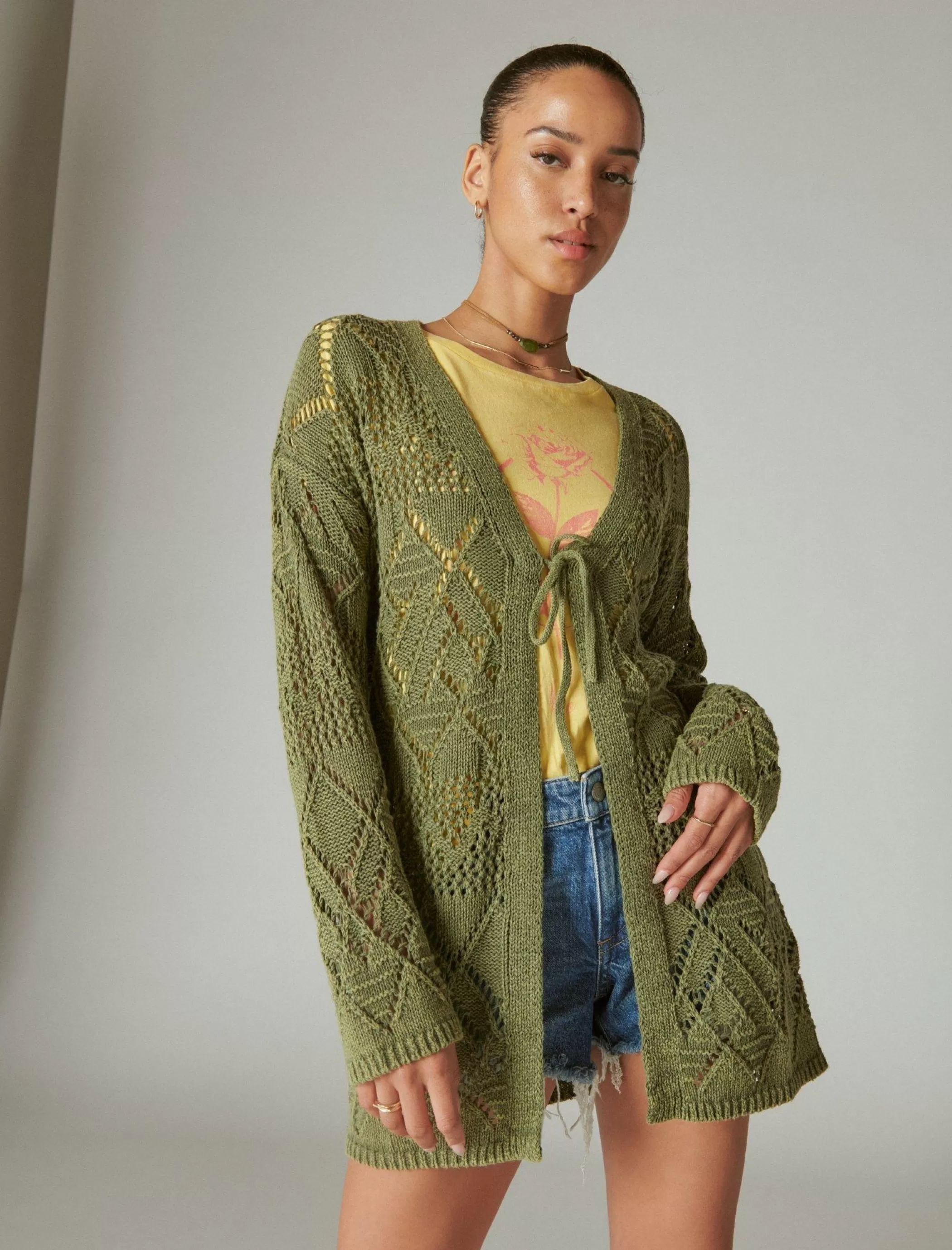 Lucky Brand Sweaters & Sweatshirts*crochet tie front 3/4 sleeve cardigan four leaf clover acid wash