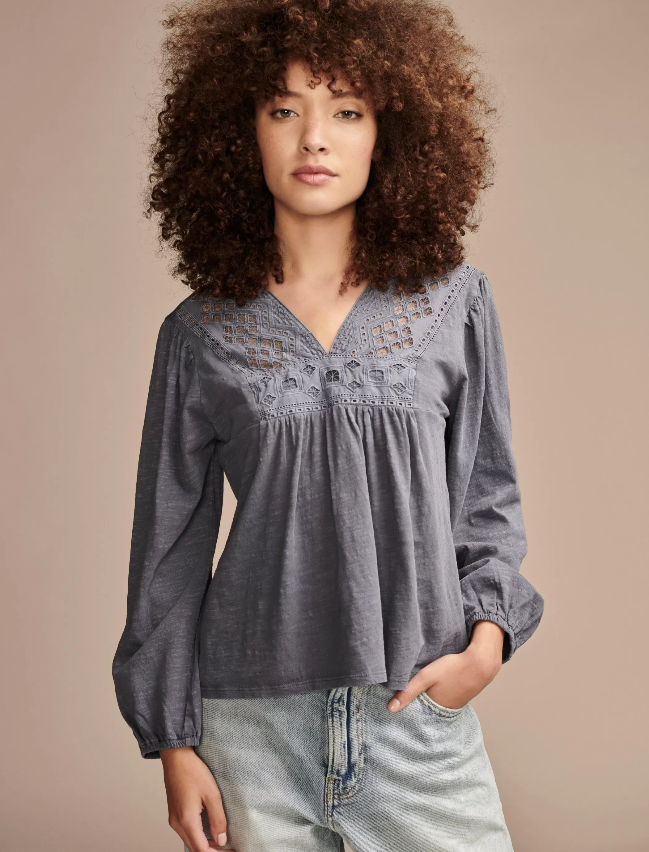 Lucky Brand Blouses*cutwork peasant top nightshadow blue