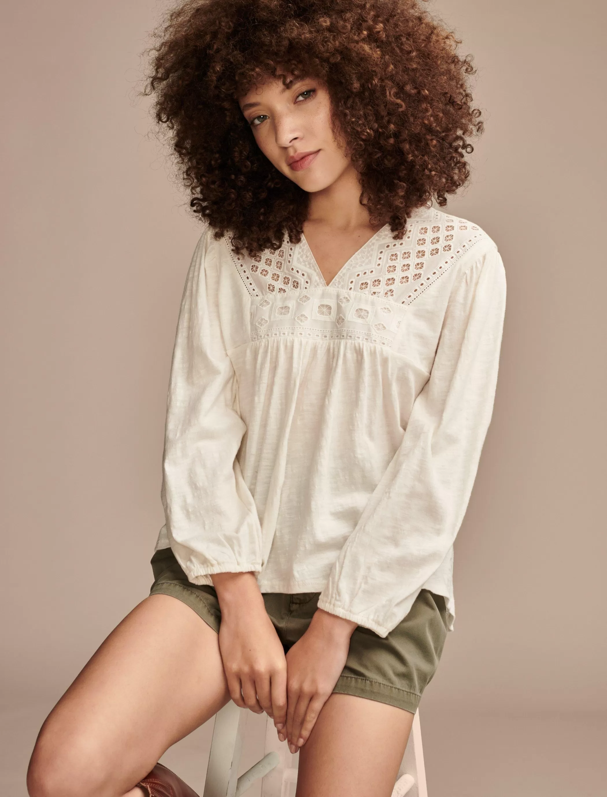 Lucky Brand Blouses*cutwork peasant top whisper white