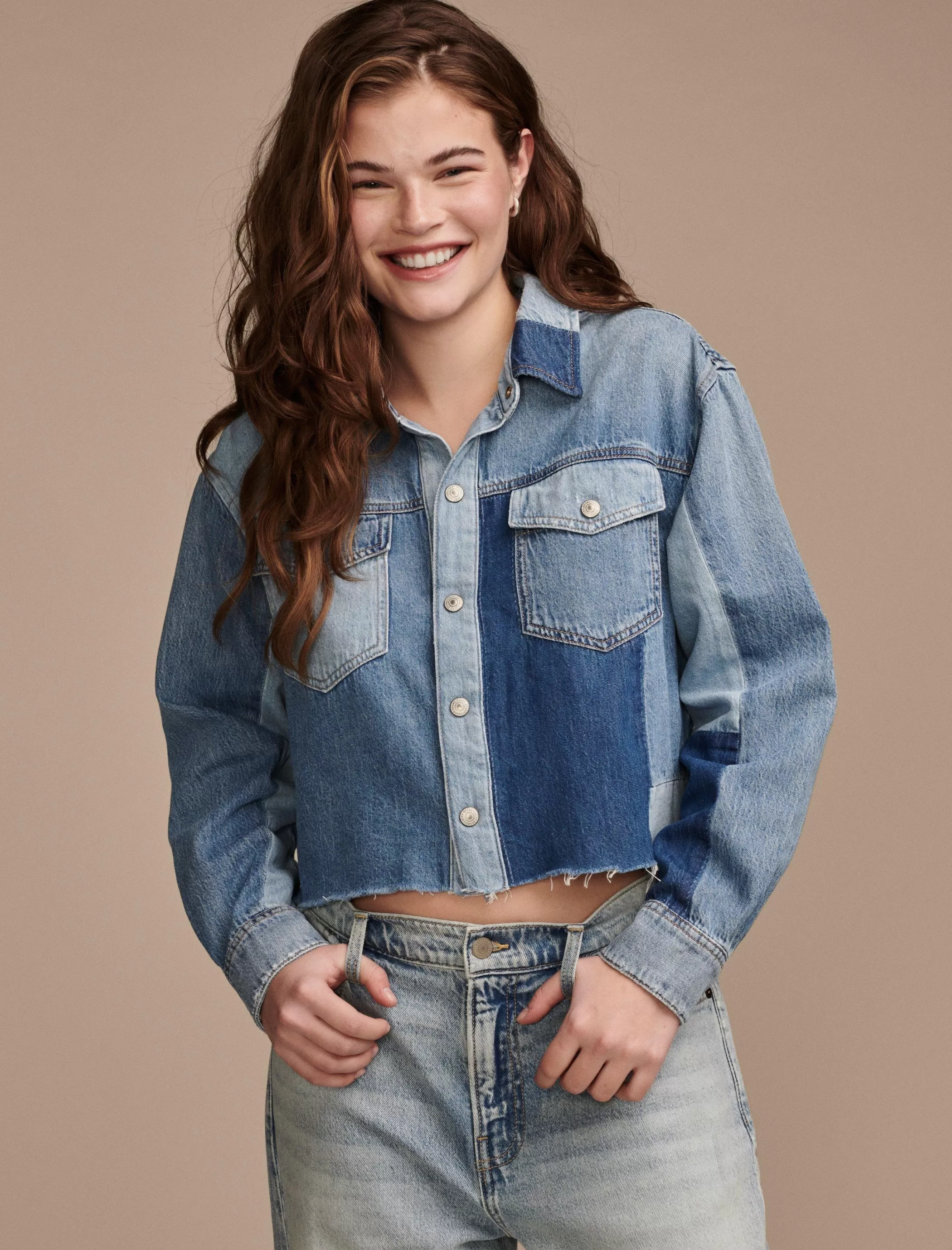 Lucky Brand Blouses*denim patchwork button down shirt remix