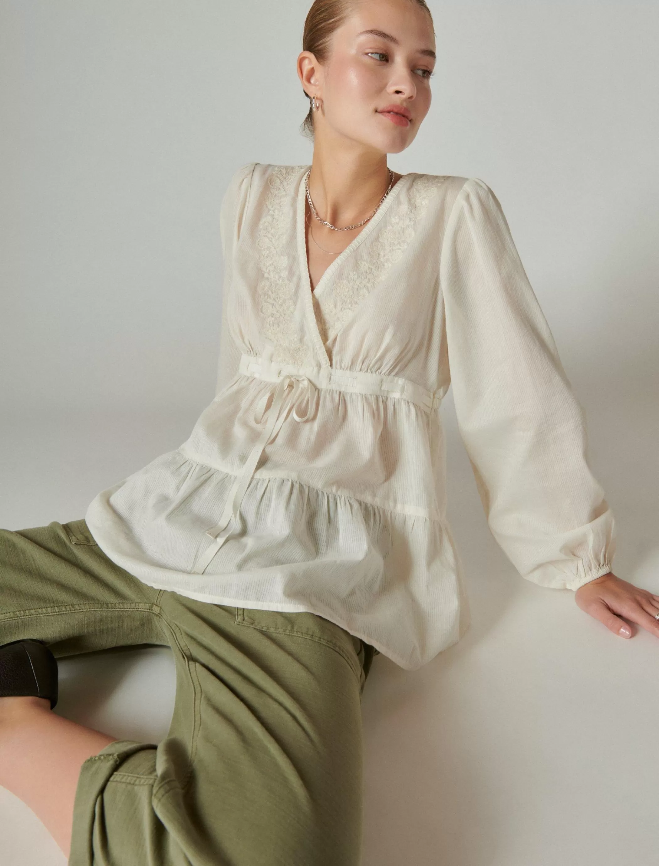 Lucky Brand Blouses*embroidered babydoll top whisper white