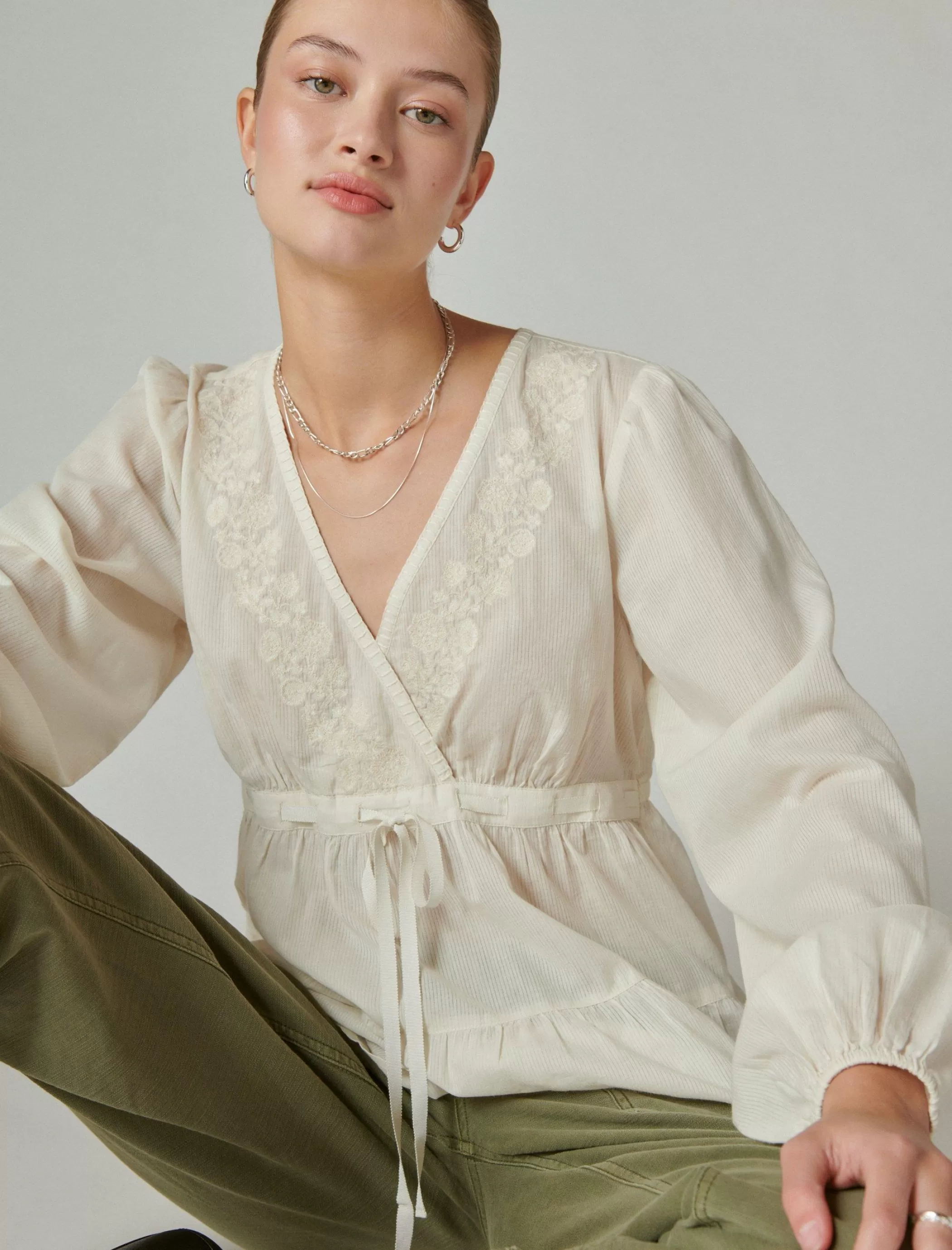 Lucky Brand Blouses*embroidered babydoll top whisper white