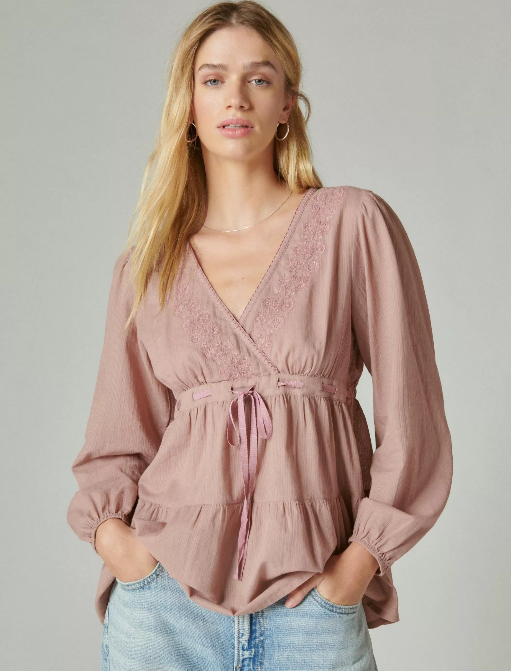 Lucky Brand Blouses*embroidered babydoll top twilight mauve