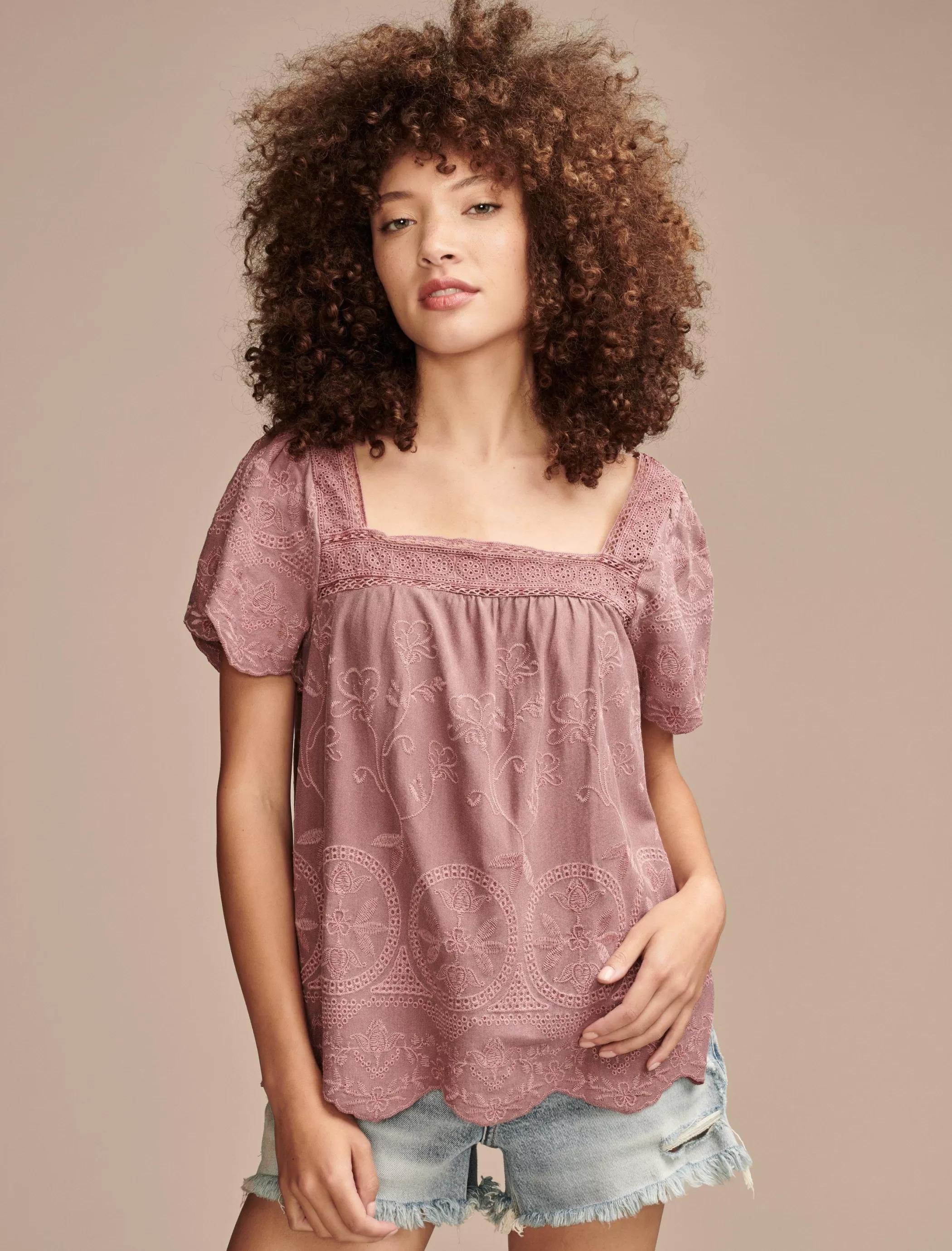 Lucky Brand Blouses*embroidered flutter sleeve top rose brown