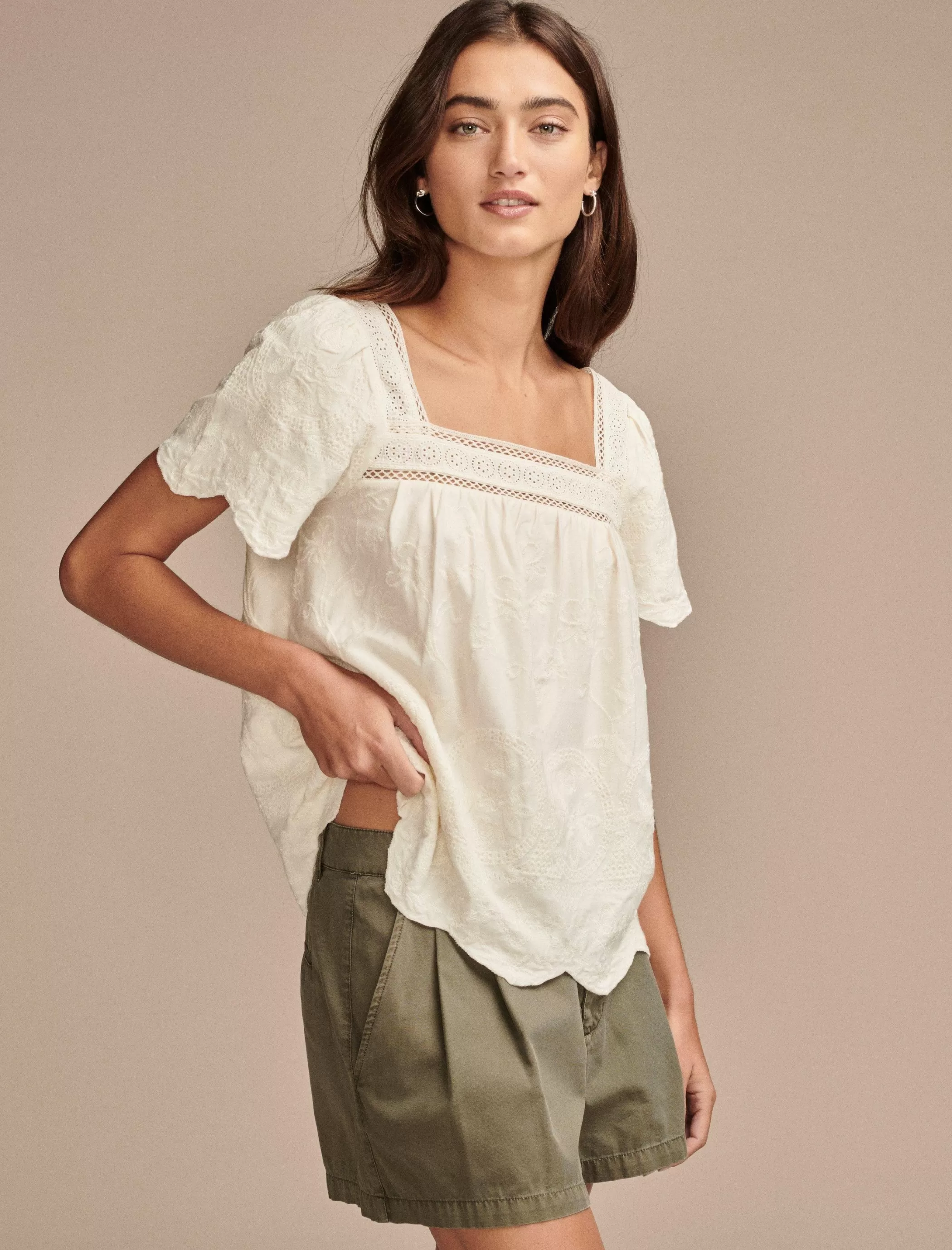 Lucky Brand Blouses*embroidered flutter sleeve top whisper white