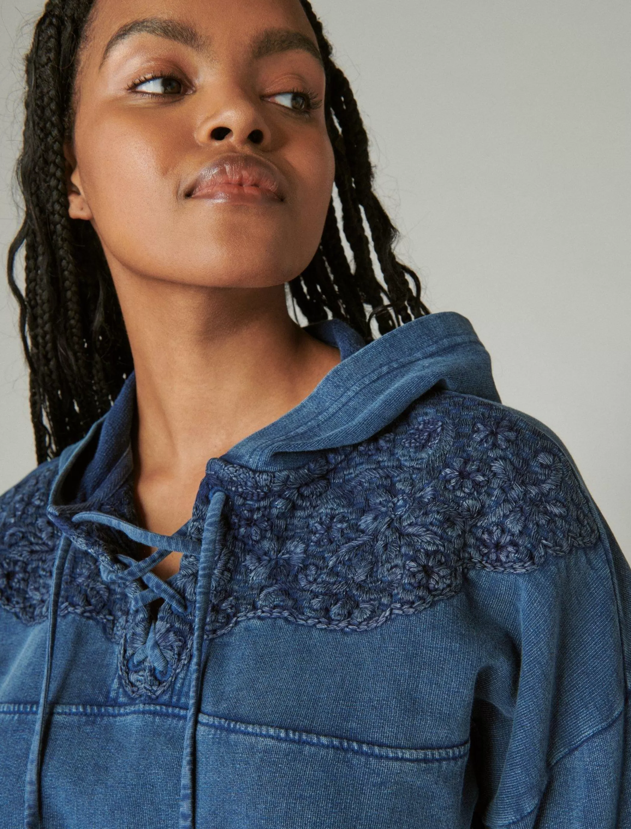 Lucky Brand Activewear*embroidered lace up hoodie indigo