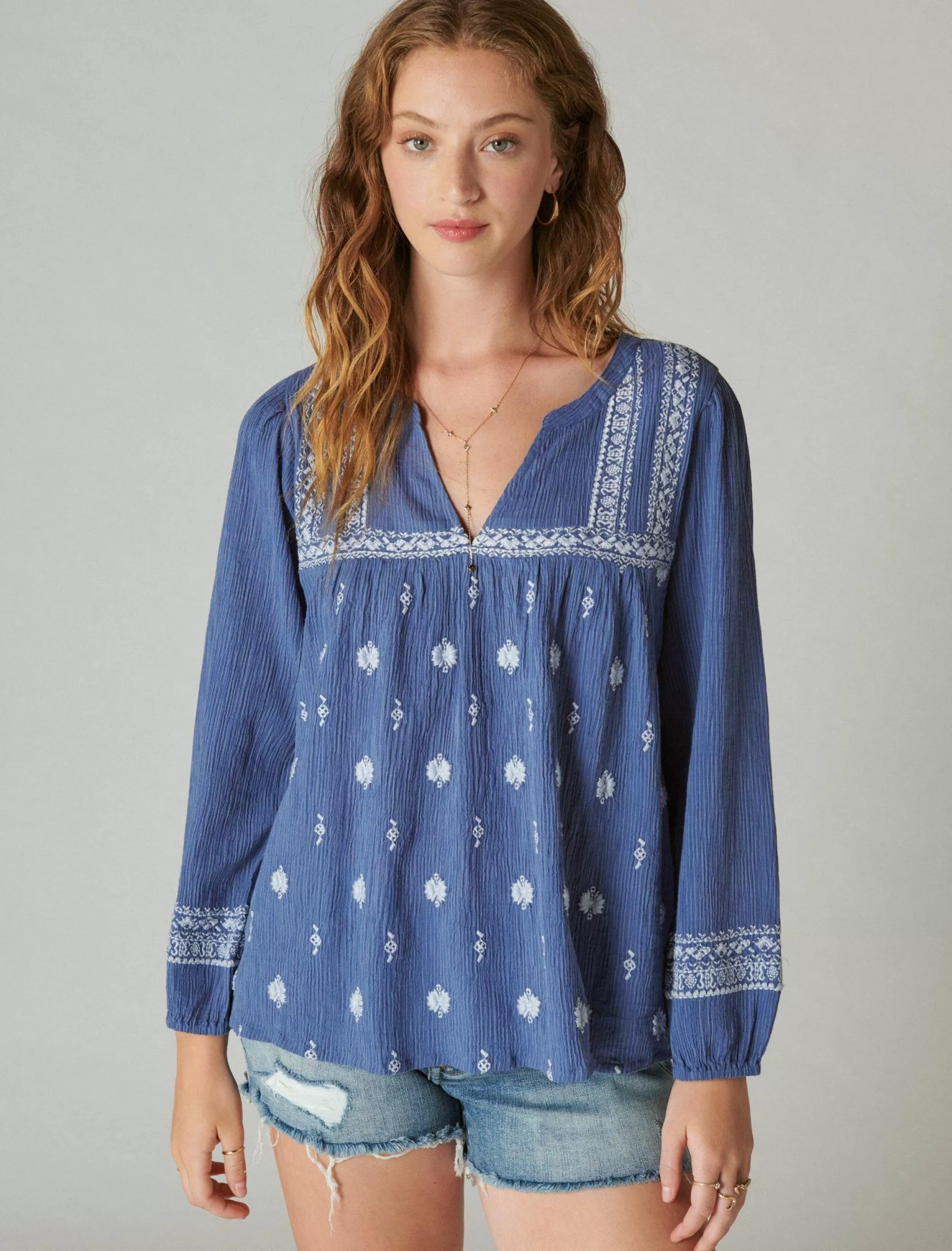 Lucky Brand Blouses*embroidered popover blouse costal blue stripe