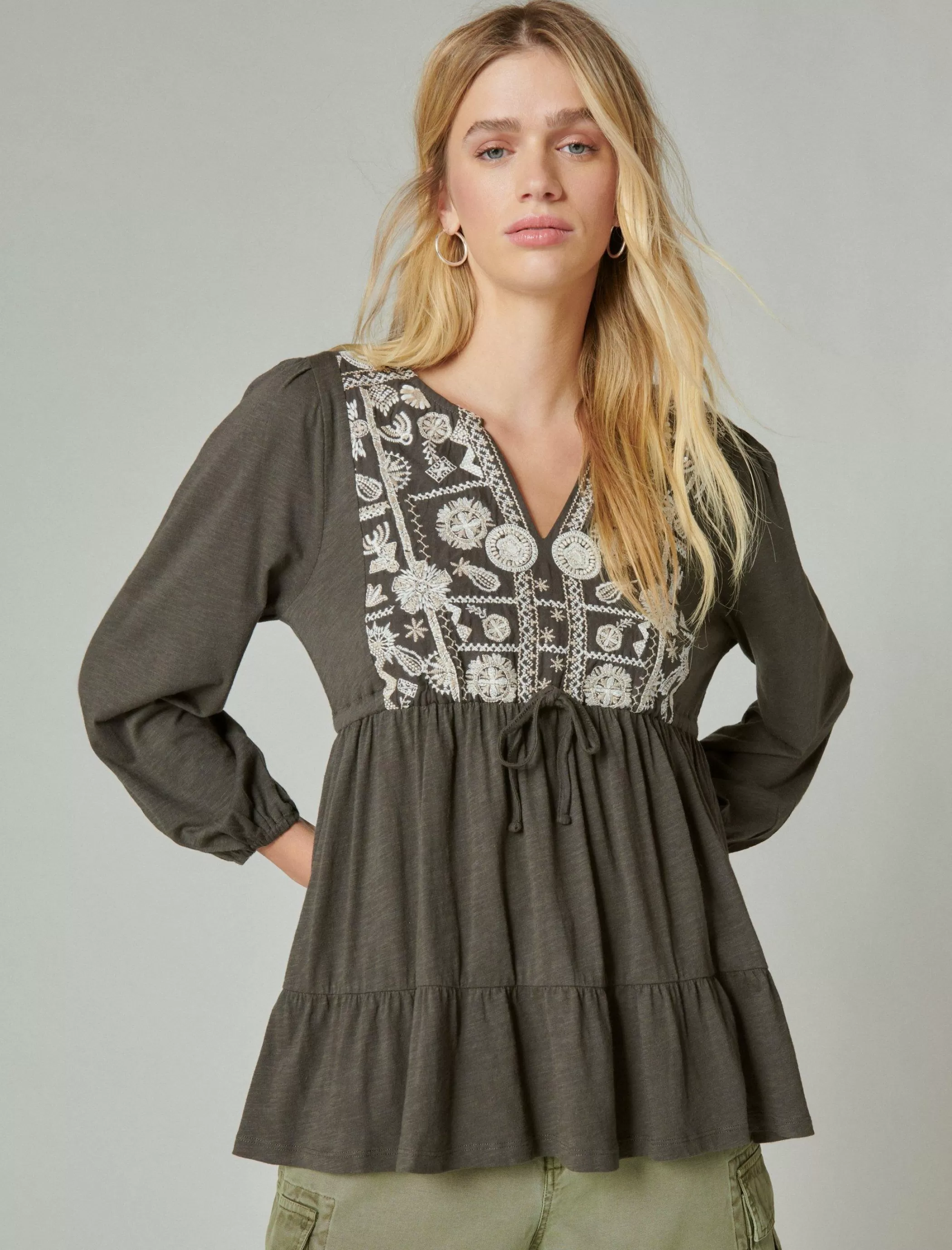 Lucky Brand Blouses*embroidered tiered tunic top raven