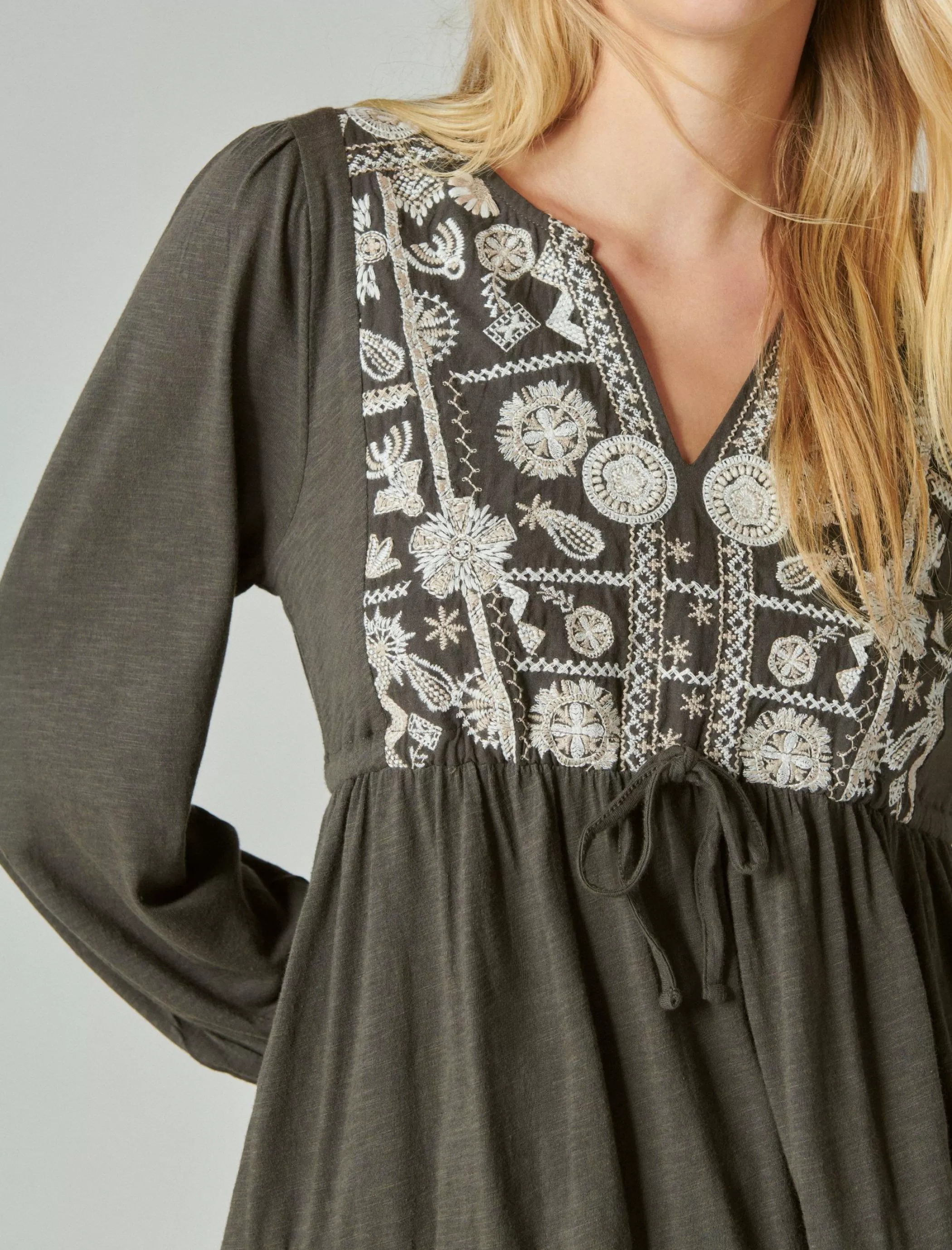 Lucky Brand Blouses*embroidered tiered tunic top raven