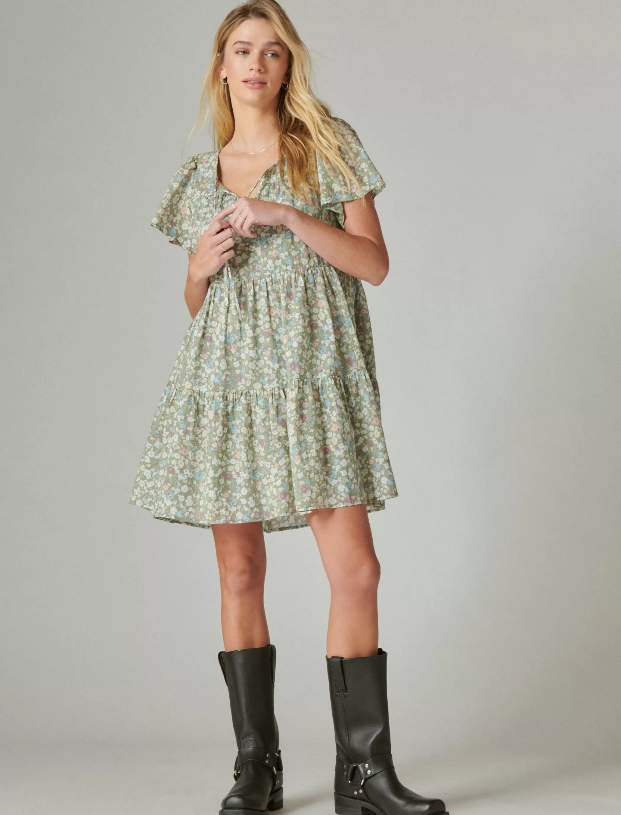 Lucky Brand Dresses*floral printed tiered mini forest multi