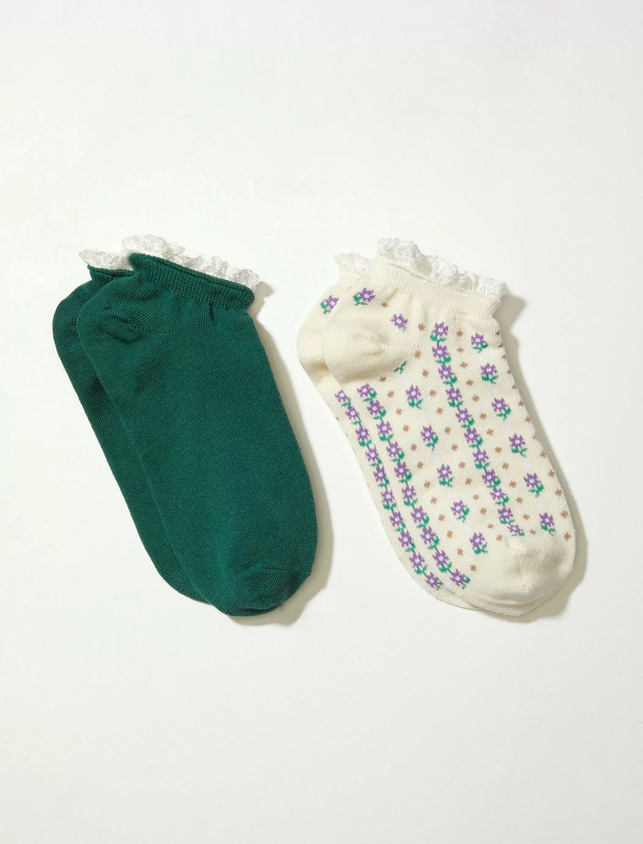 Lucky Brand Socks*garden lace trim ped sock 2 pk balsam green