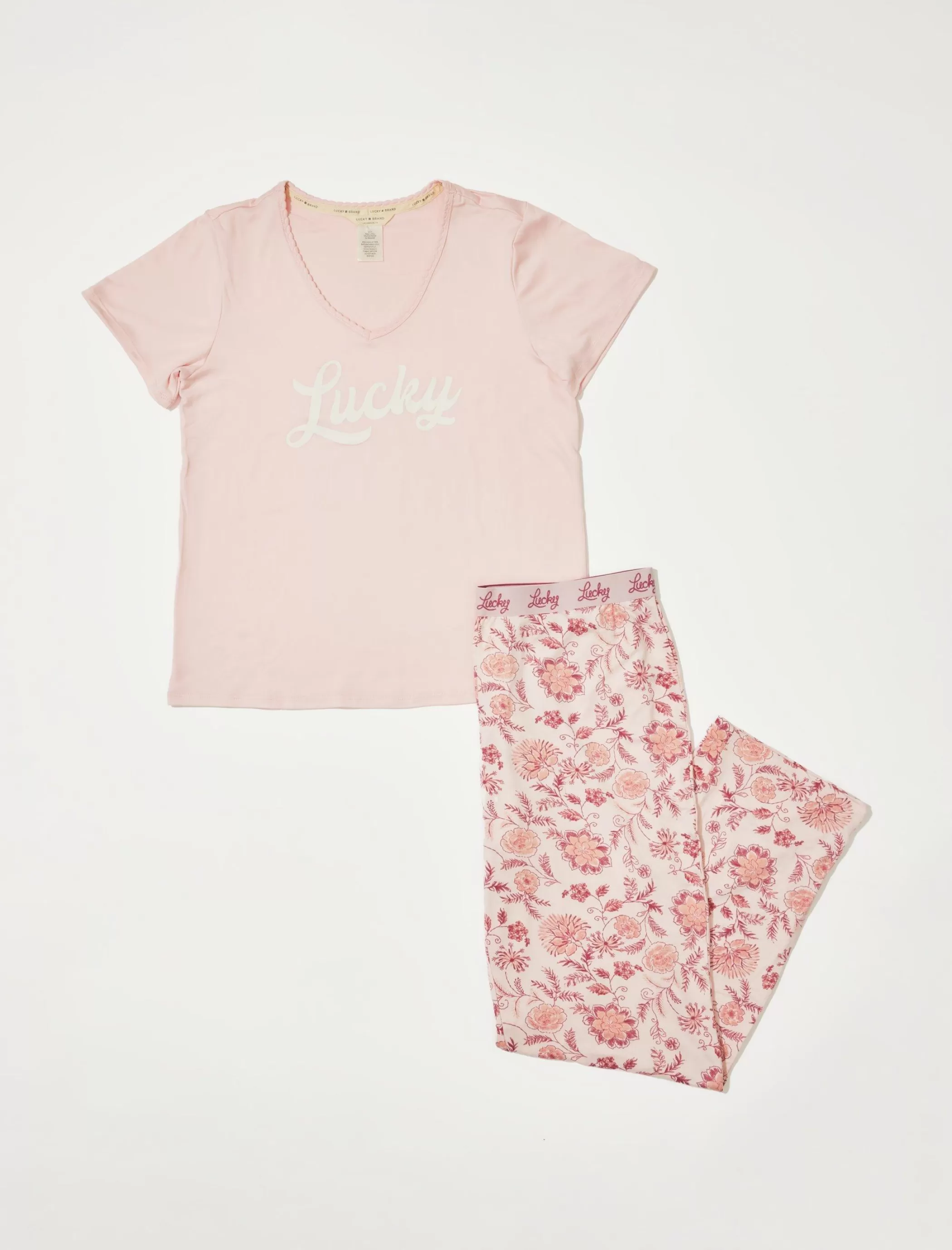 Lucky Brand Intimates & Sleepwear*graphic v neck tee w/ logo waistband pant set coral pink