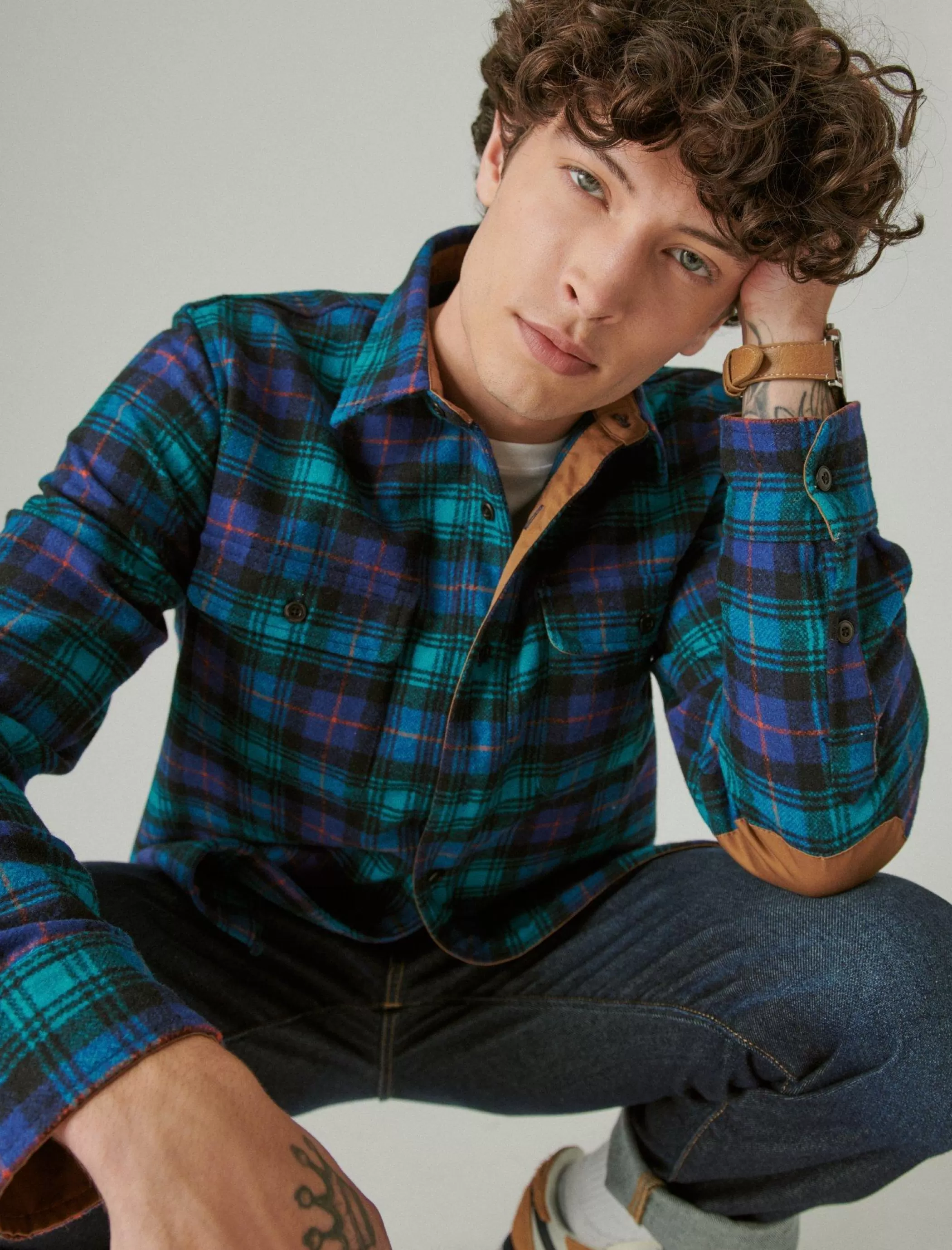 Lucky Brand Button-Downs*guinness wool plaid over shirt with elbow patch green plaid