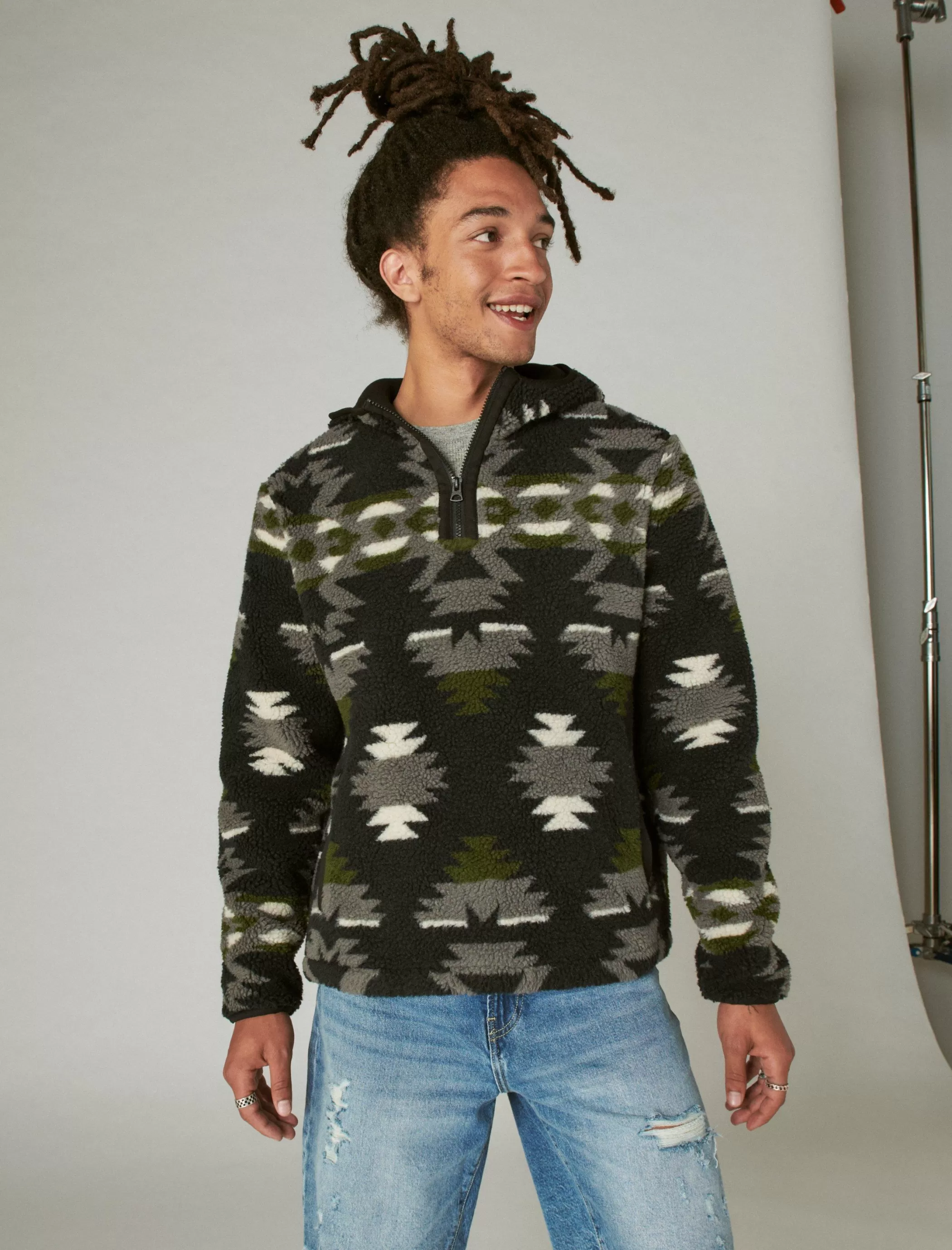 Lucky Brand Activewear*hi-pile half zip camo hoodie black multi