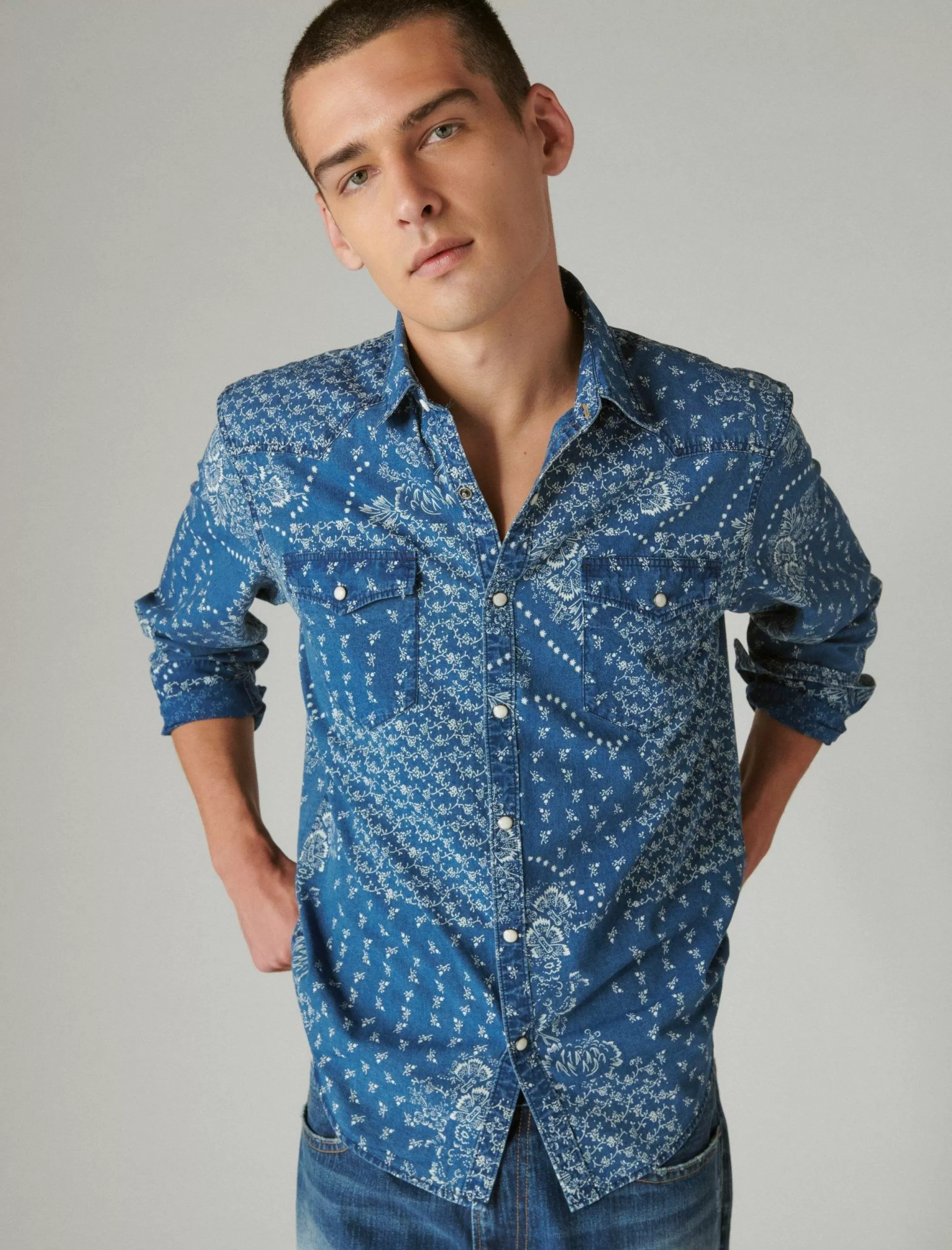 Lucky Brand Button-Downs*indigo printed western long sleeve shirt indigo bandana