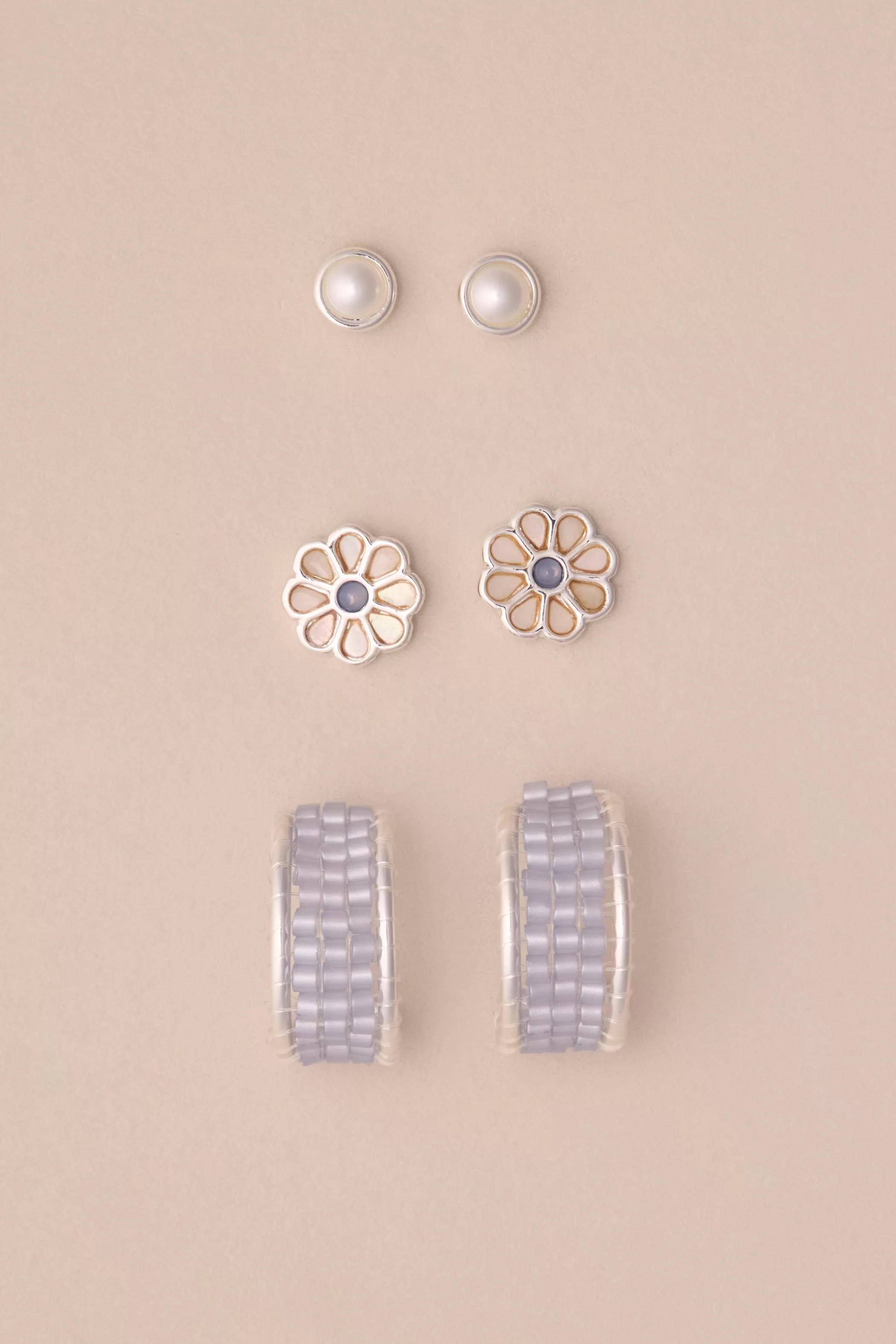 Lucky Brand Jewelry*inlay daisy stone earring trio silver