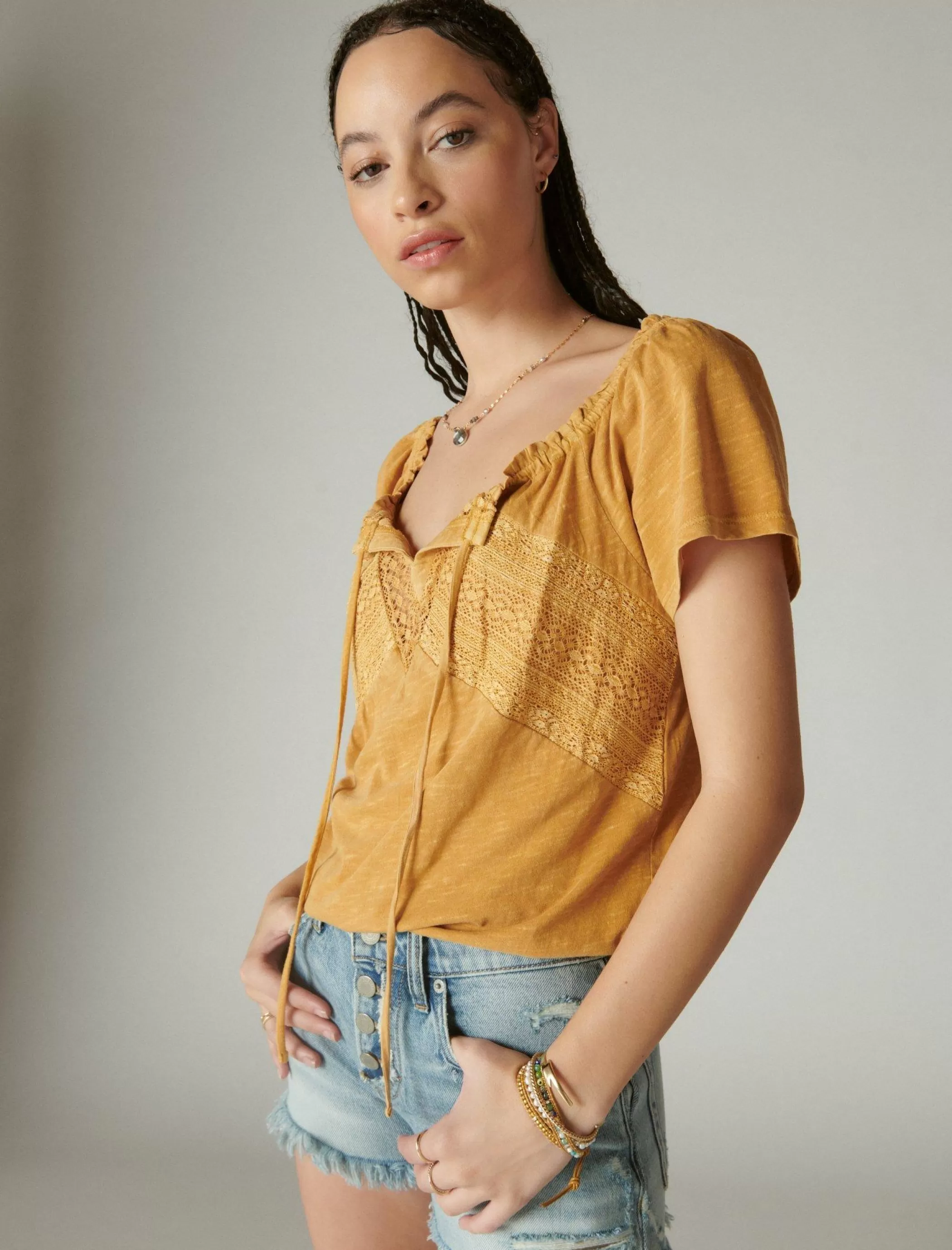 Lucky Brand Knit Tops*lace peasant bubble top inca gold