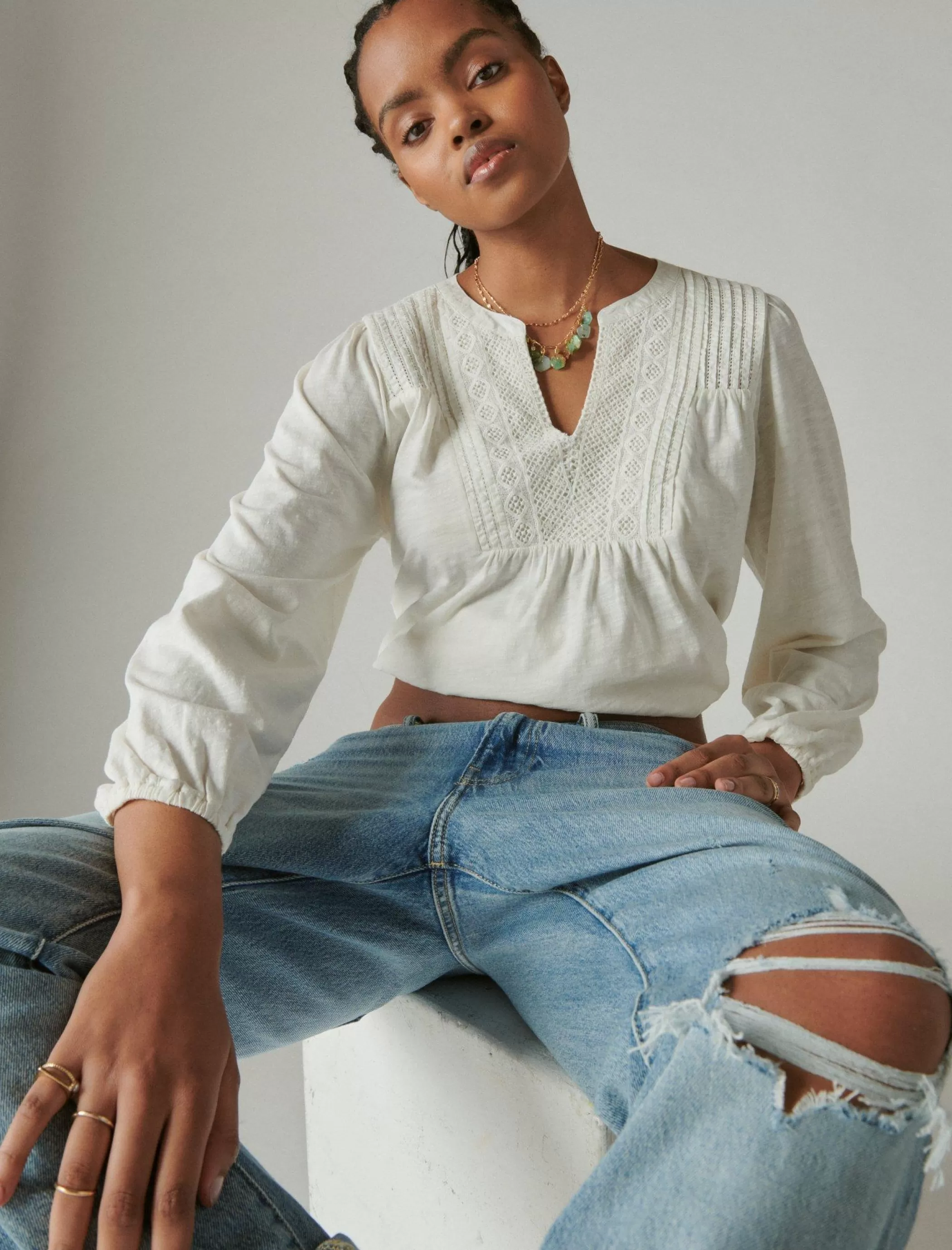 Lucky Brand Knit Tops | Blouses*lace pintuck geo peasant tee gardenia