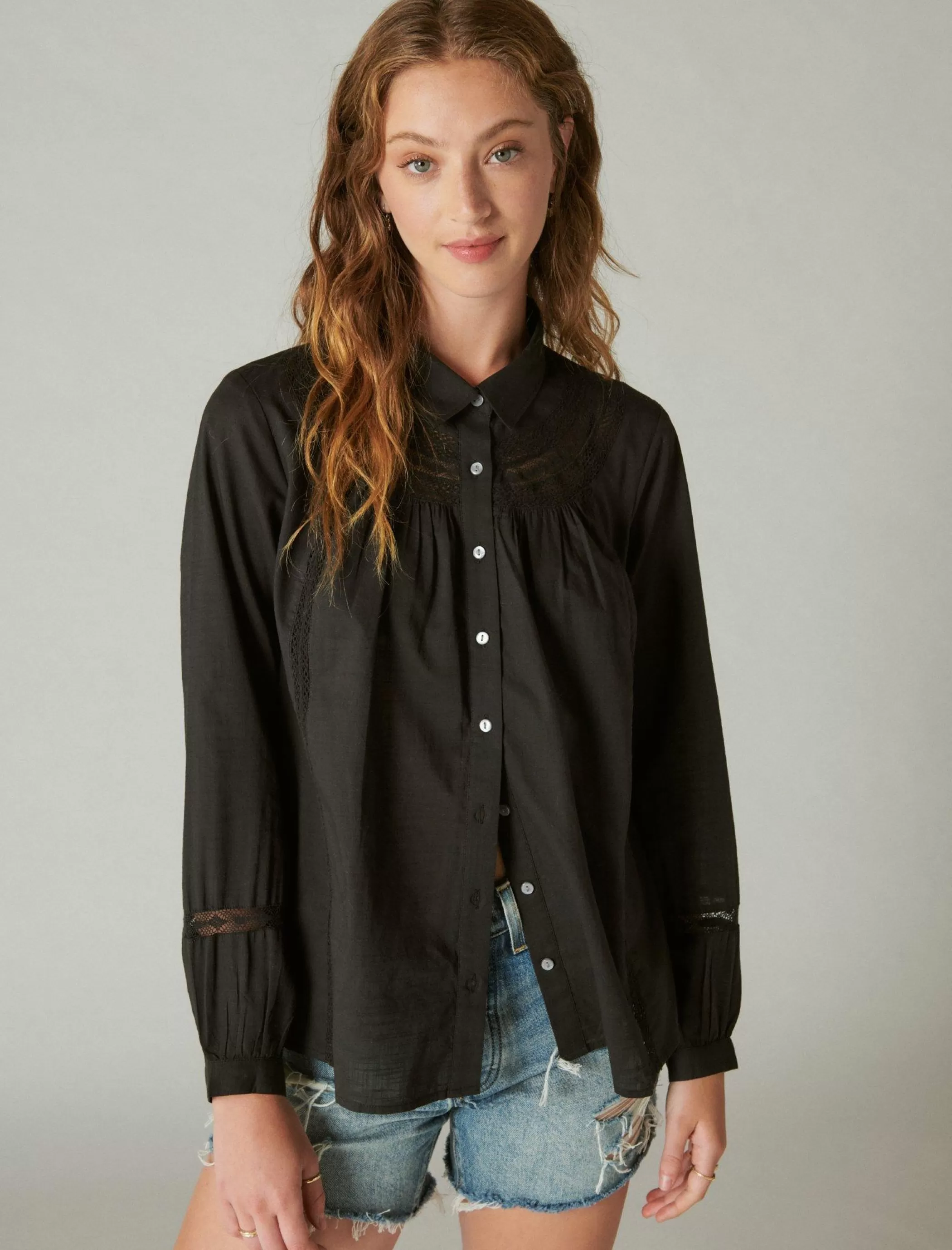 Lucky Brand Blouses*lace trim button down shirt meteorite