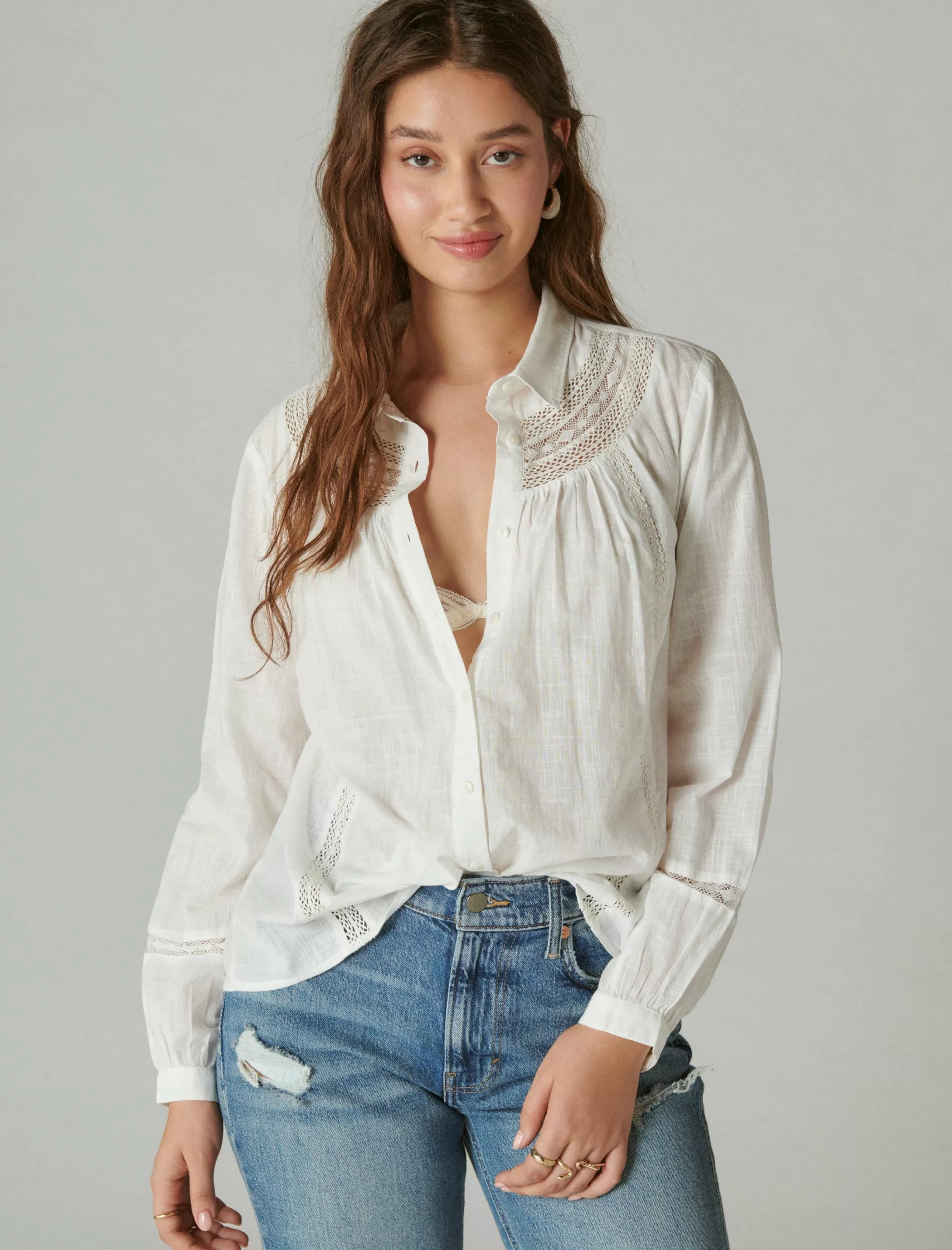 Lucky Brand Blouses*lace trim button down shirt bright white